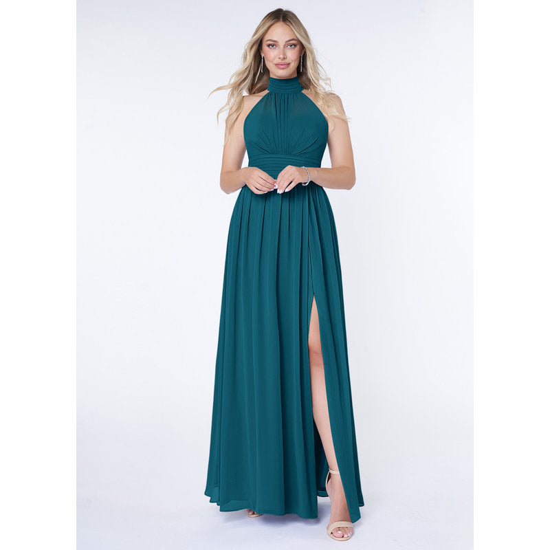 Iman A-Line Halter Chiffon Bridesmaid Dress in Ink Blue