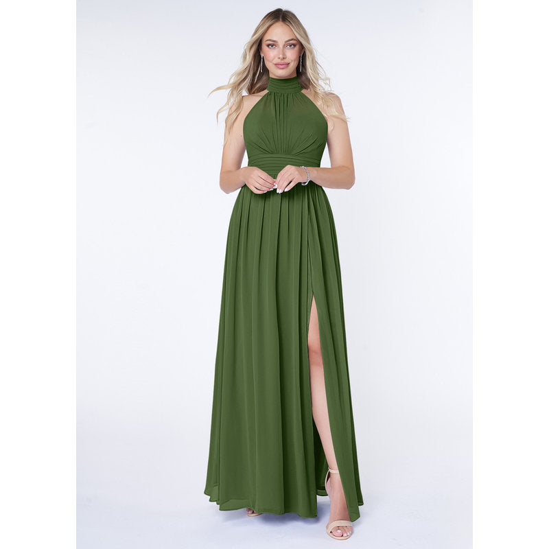 Iman A-Line Halter Chiffon Bridesmaid Dress in Olive