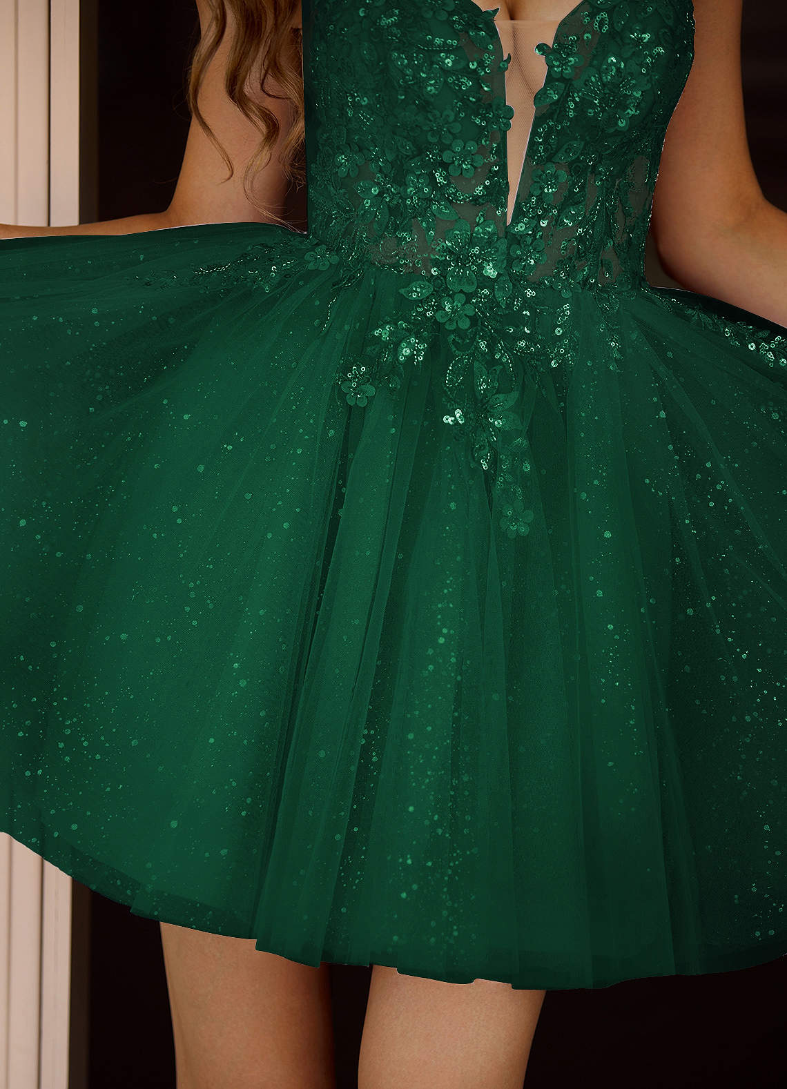 Incanto A-Line Mini Corset Glitter Tulle Prom Dress in Dark Green