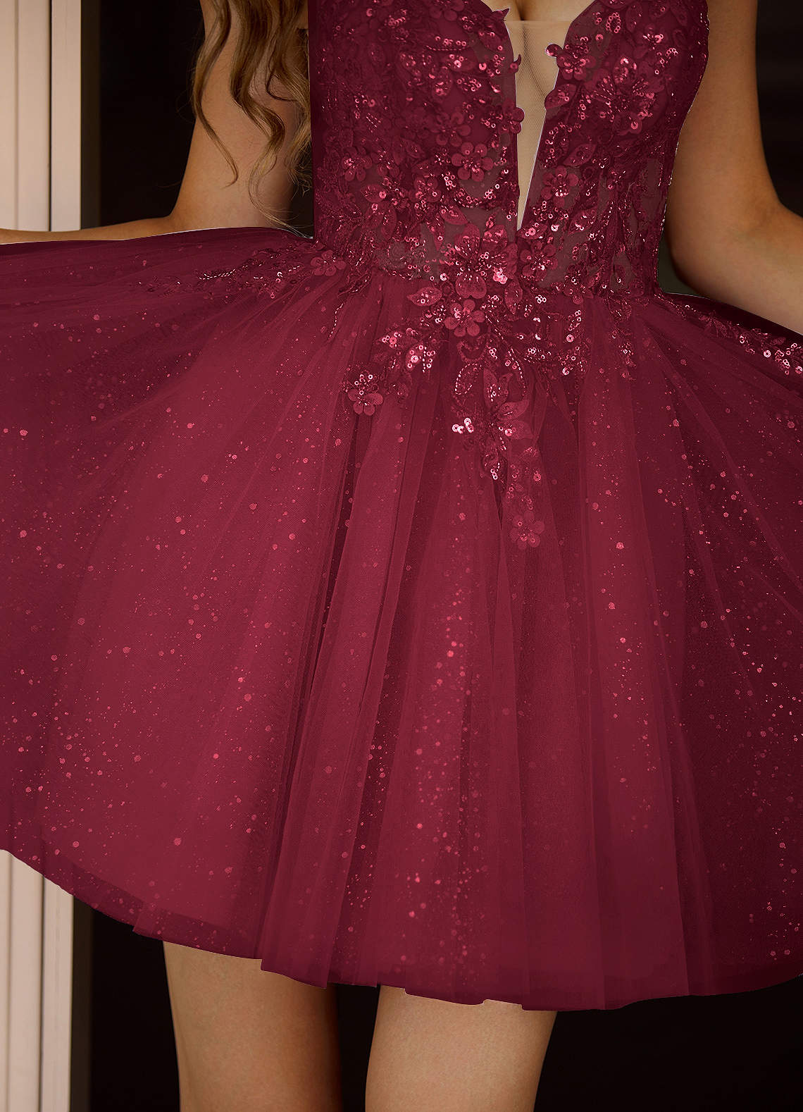 Incanto A-Line Mini Corset Glitter Tulle Prom Dress in Burgundy