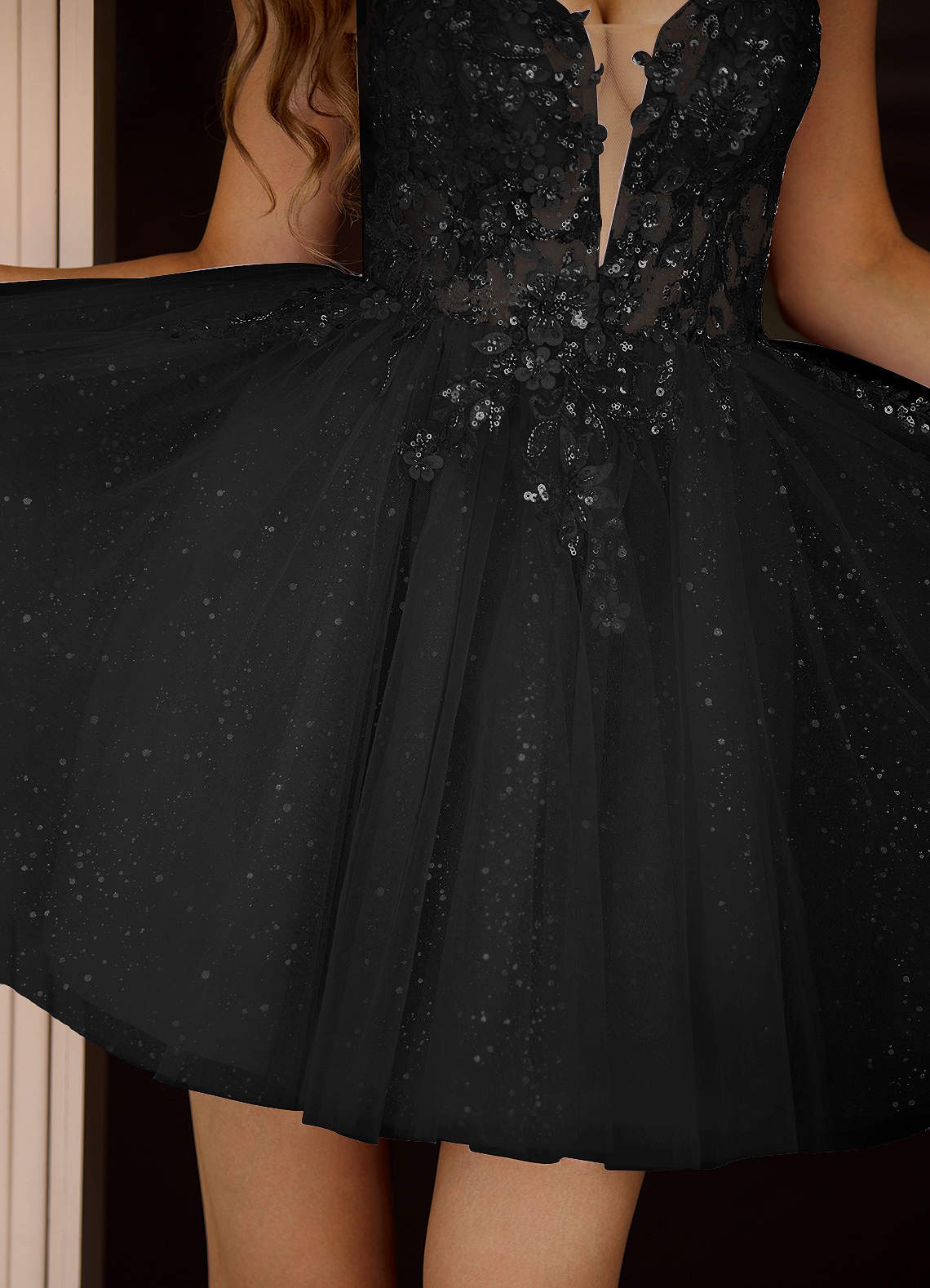 Incanto A-Line Mini Corset Glitter Tulle Prom Dress in black