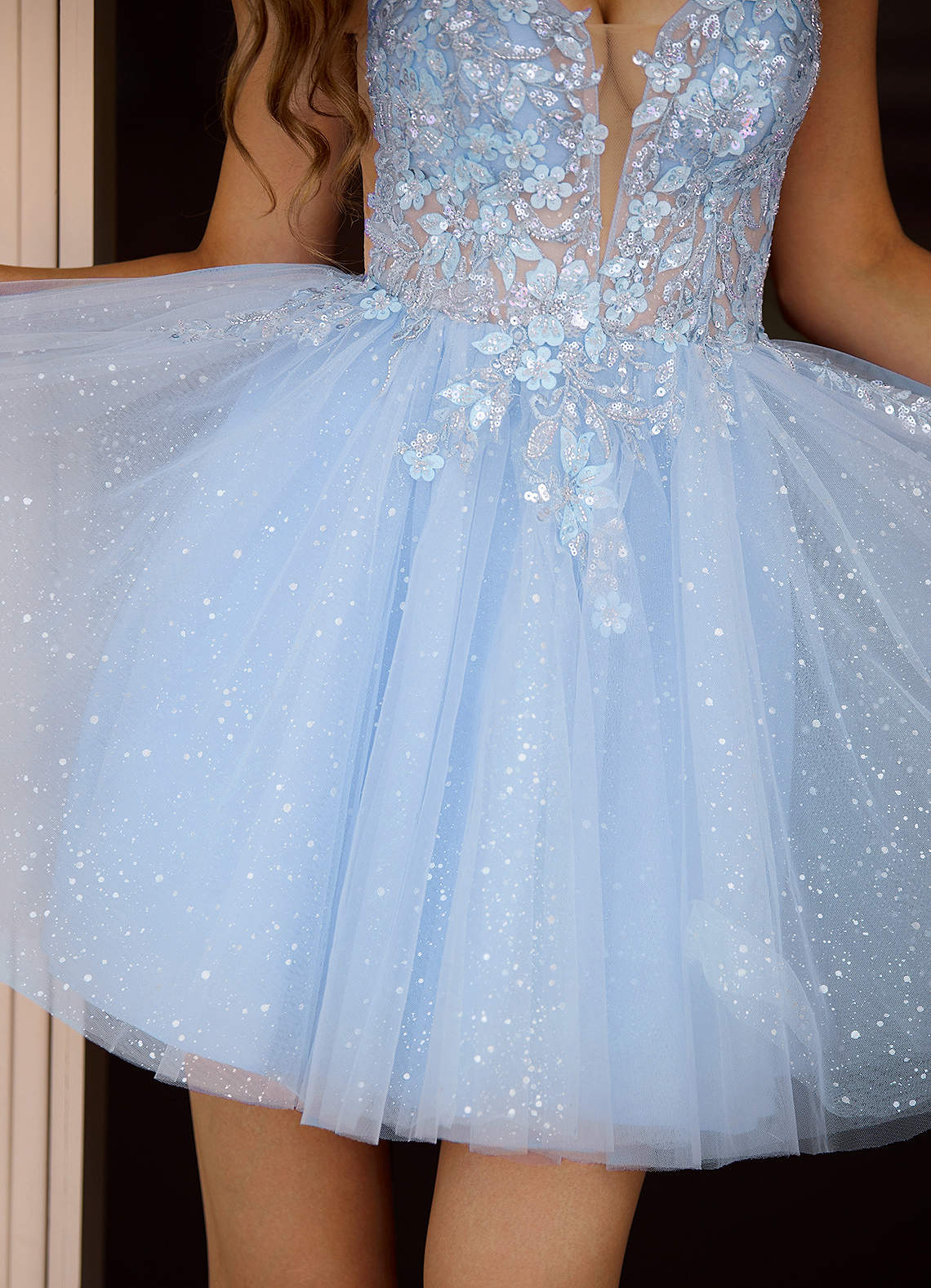 Incanto A-Line Mini Corset Glitter Tulle Prom Dress in Blue