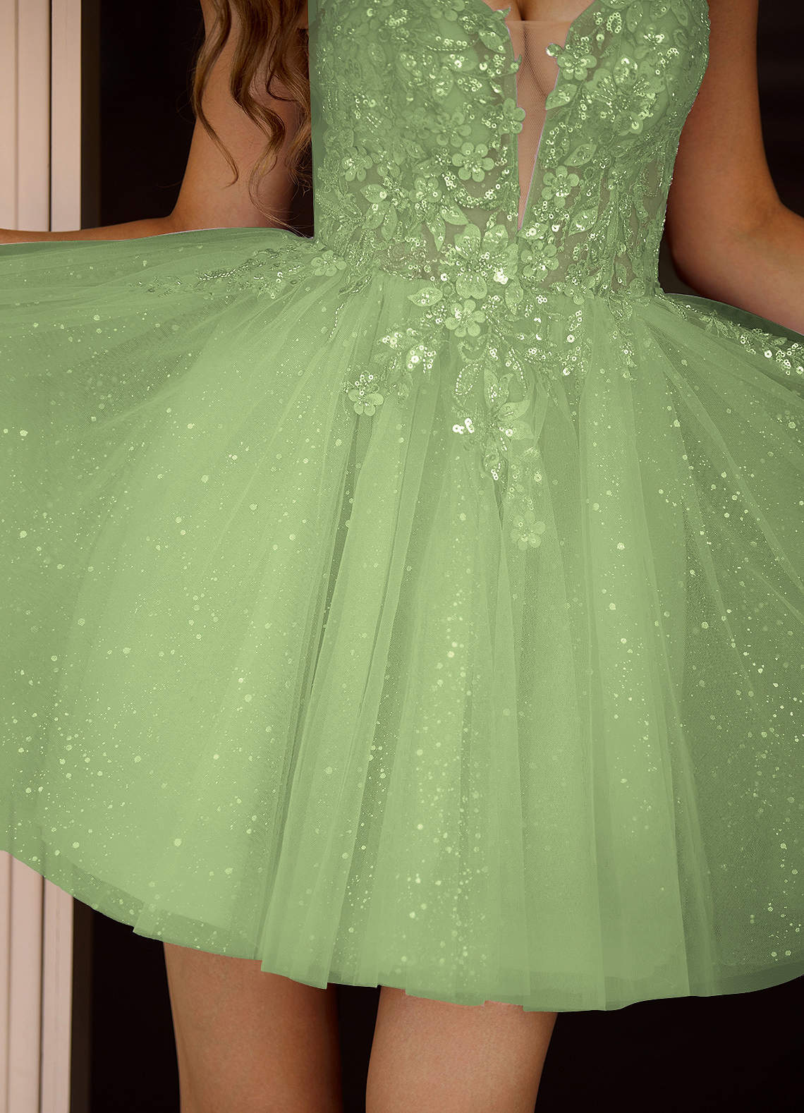 Incanto A-Line Mini Corset Glitter Tulle Prom Dress in Light Green