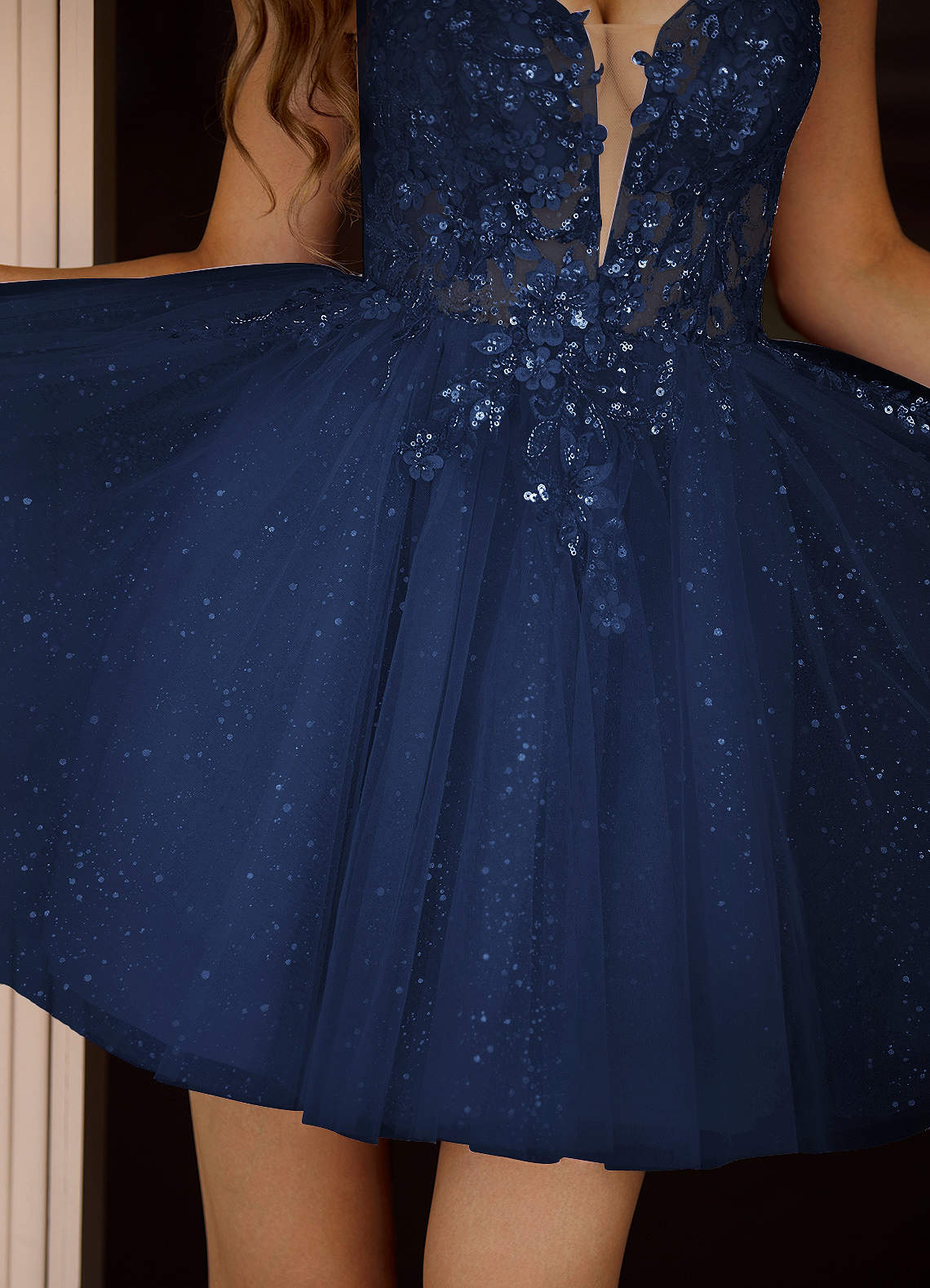 Incanto A-Line Mini Corset Glitter Tulle Prom Dress in Navy
