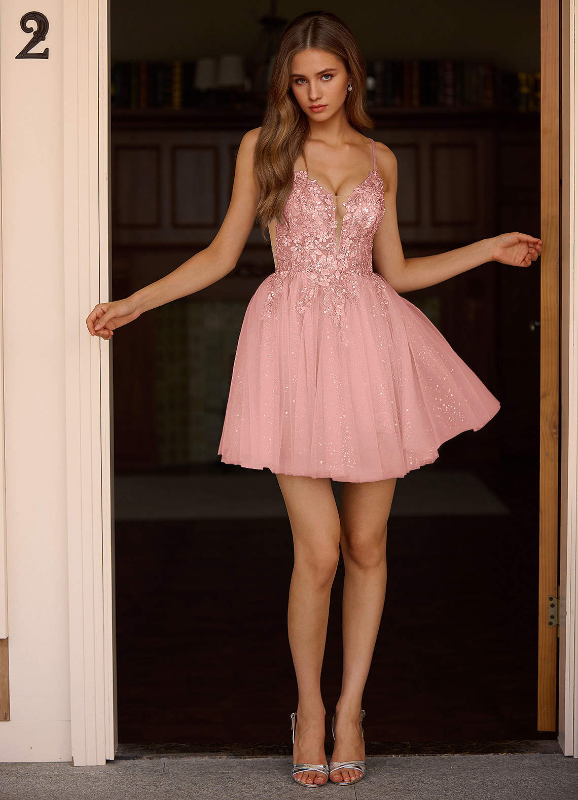 Incanto A-Line Mini Corset Glitter Tulle Prom Dress in Dusty Pink
