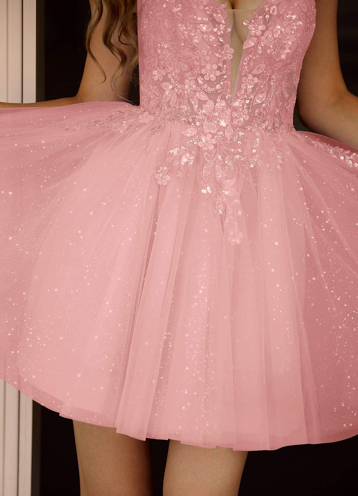 Incanto A-Line Mini Corset Glitter Tulle Prom Dress in Dusty Pink