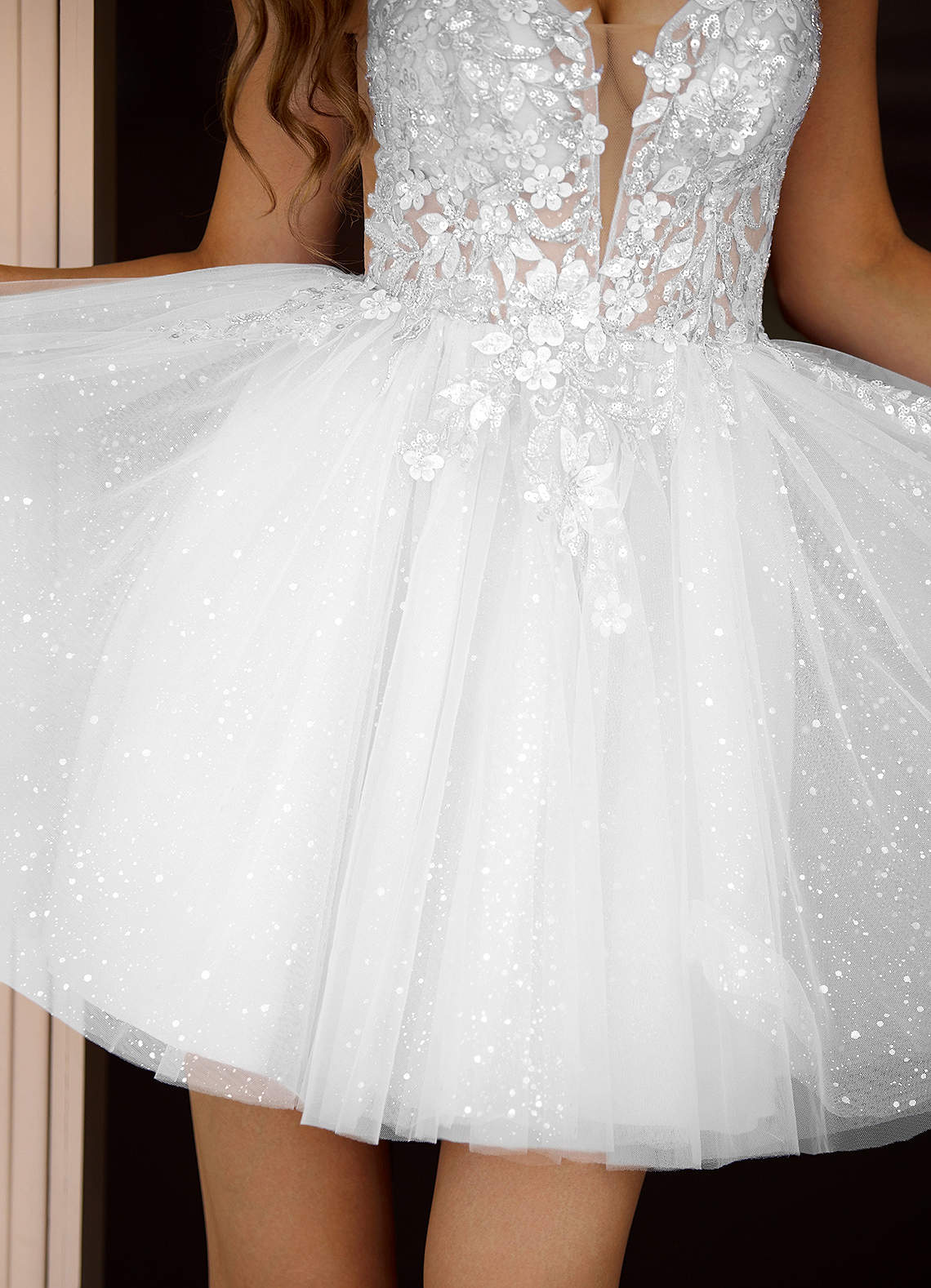 Incanto A-Line Mini Corset Glitter Tulle Prom Dress in white
