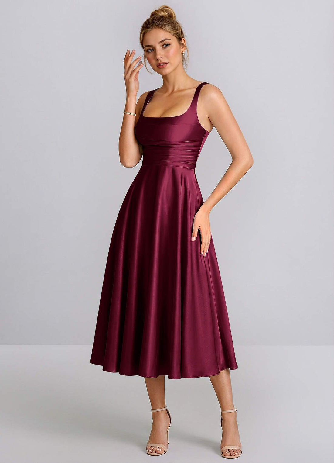 Ines A-Line Square-Neck Satin Prom Dress in Burgundy