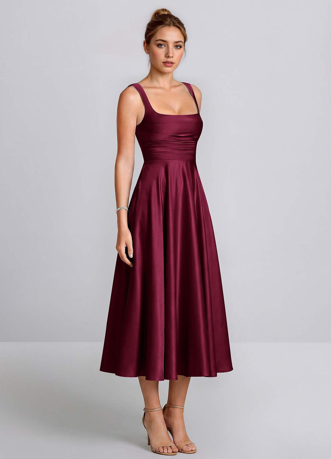 Ines A-Line Square-Neck Satin Prom Dress in Burgundy