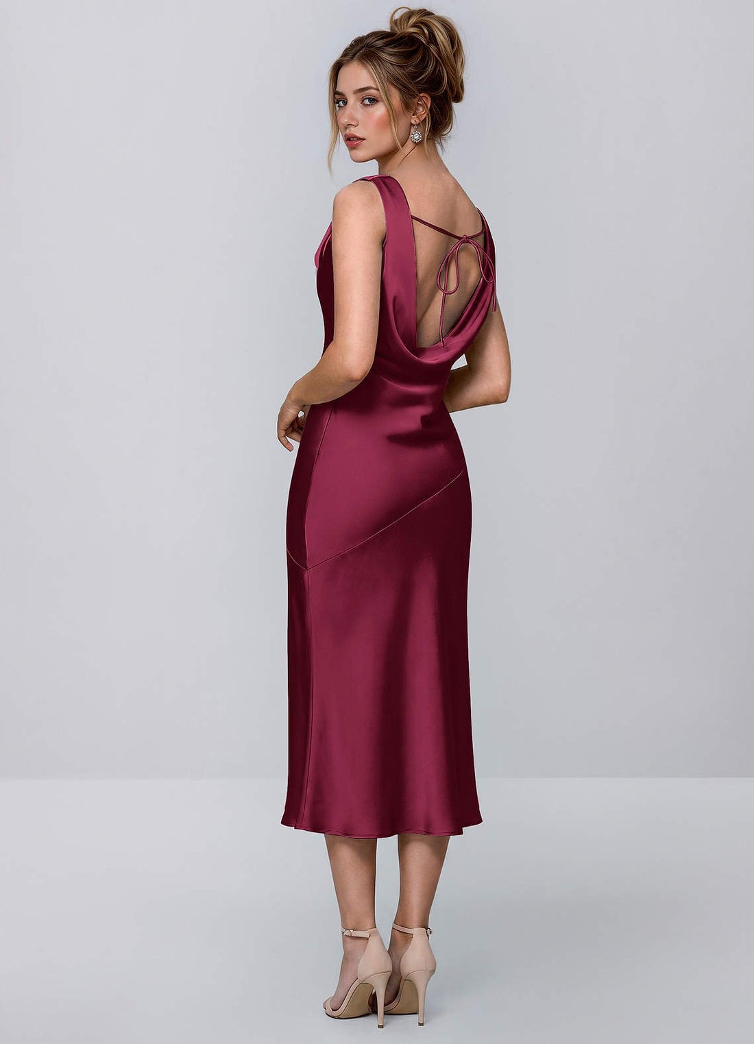 Inez Bodycon Midi Cowl-Neck Satin Prom Dress in Burgundy