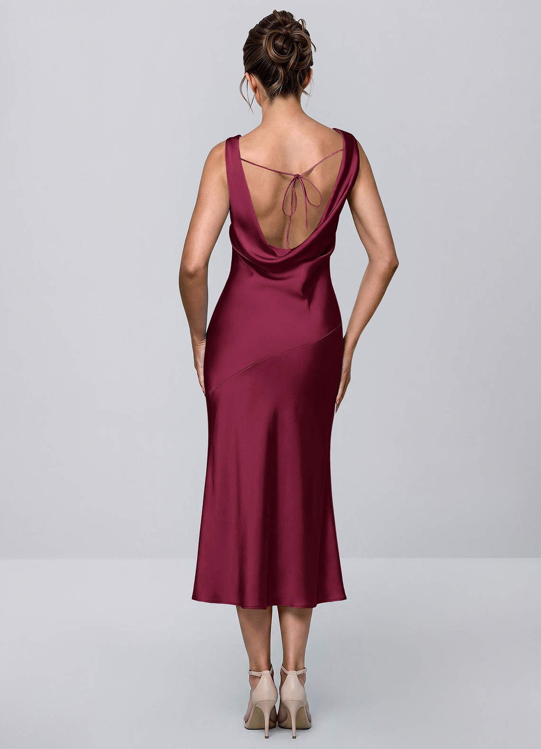 Inez Bodycon Midi Cowl-Neck Satin Prom Dress in Burgundy