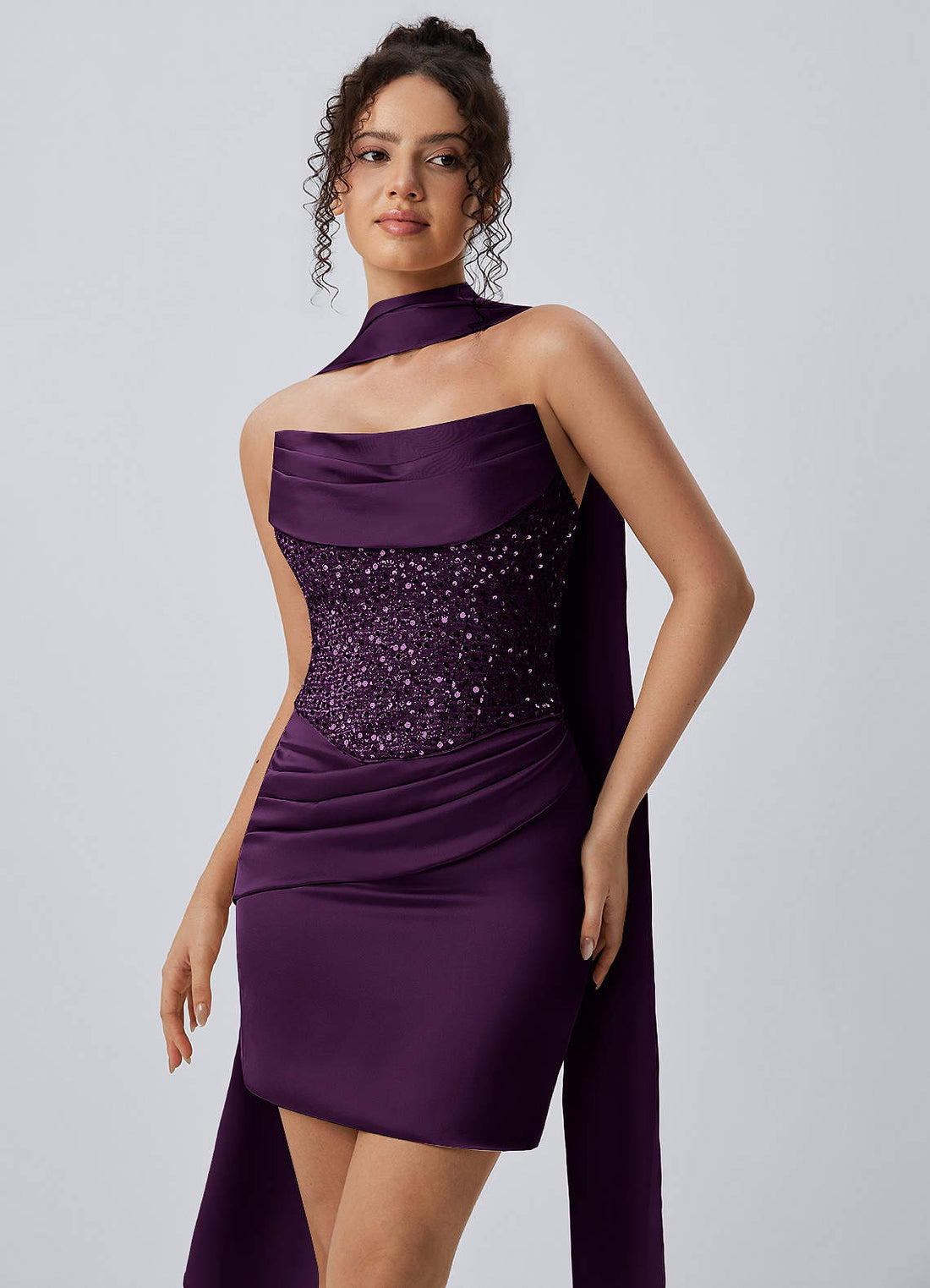 Irene Bodycon Mini Corset Satin Sequin Prom Dress in Dark Purple