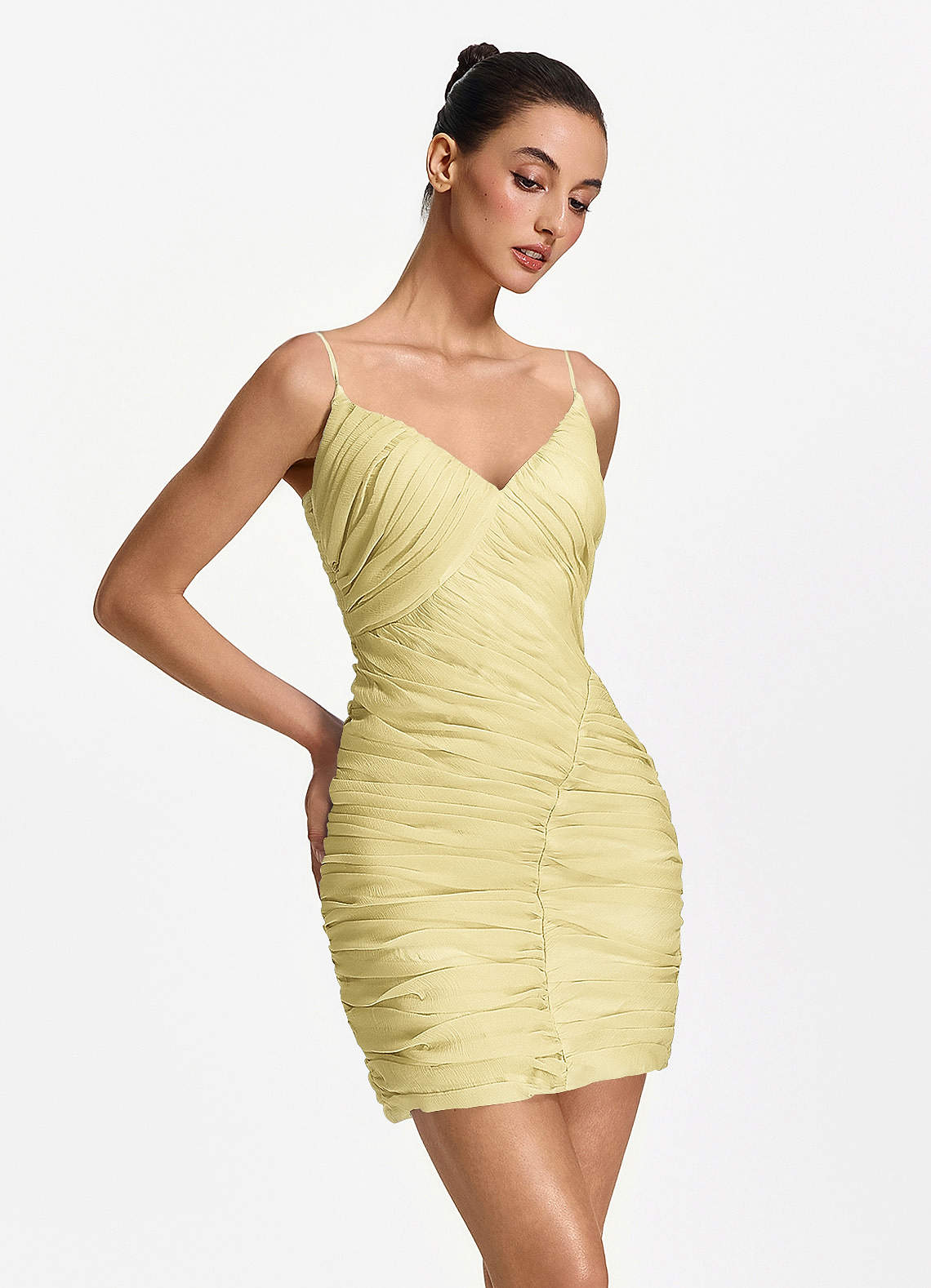Isoldeanna Bodycon Mini V-Neck Mesh Prom Dress in Yellow