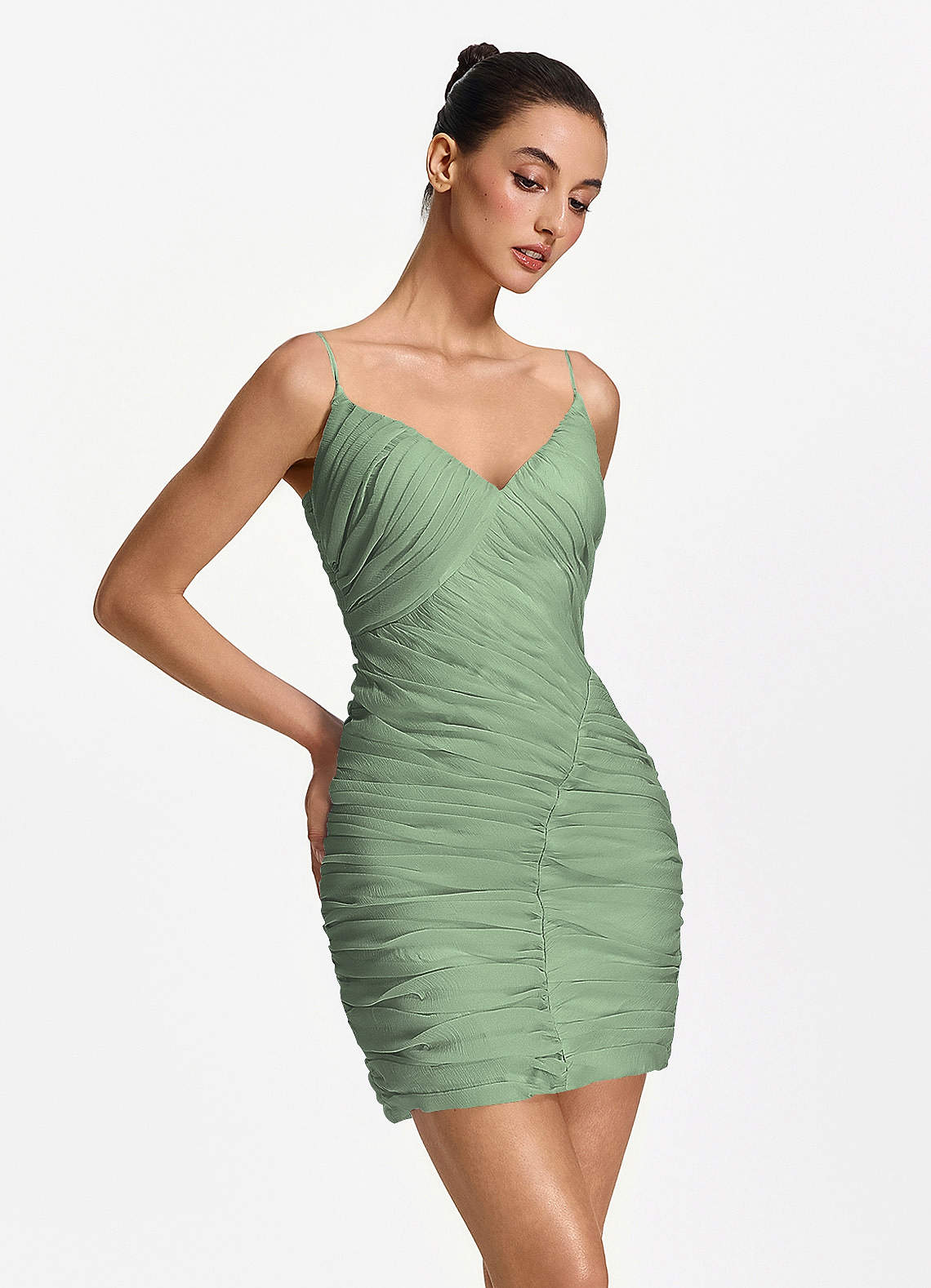 Isoldeanna Bodycon Mini V-Neck Mesh Prom Dress in Sage