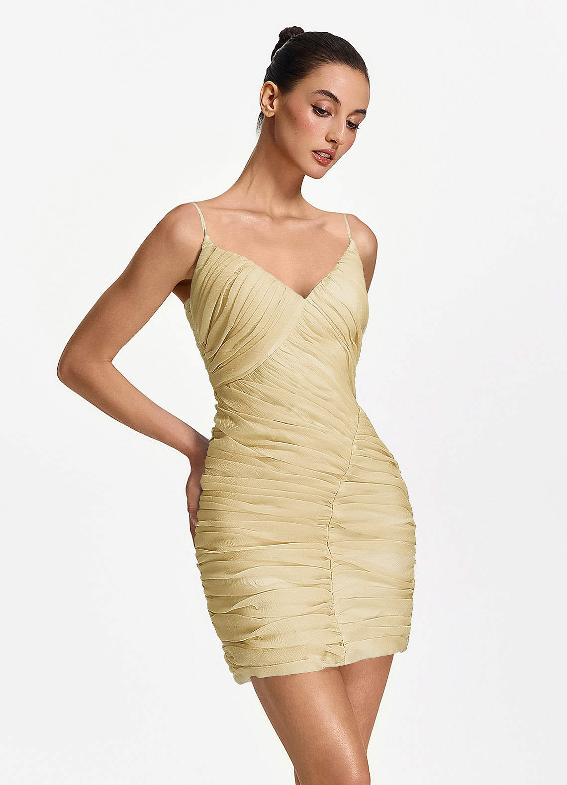 Isoldeanna Bodycon Mini V-Neck Mesh Prom Dress in Gold