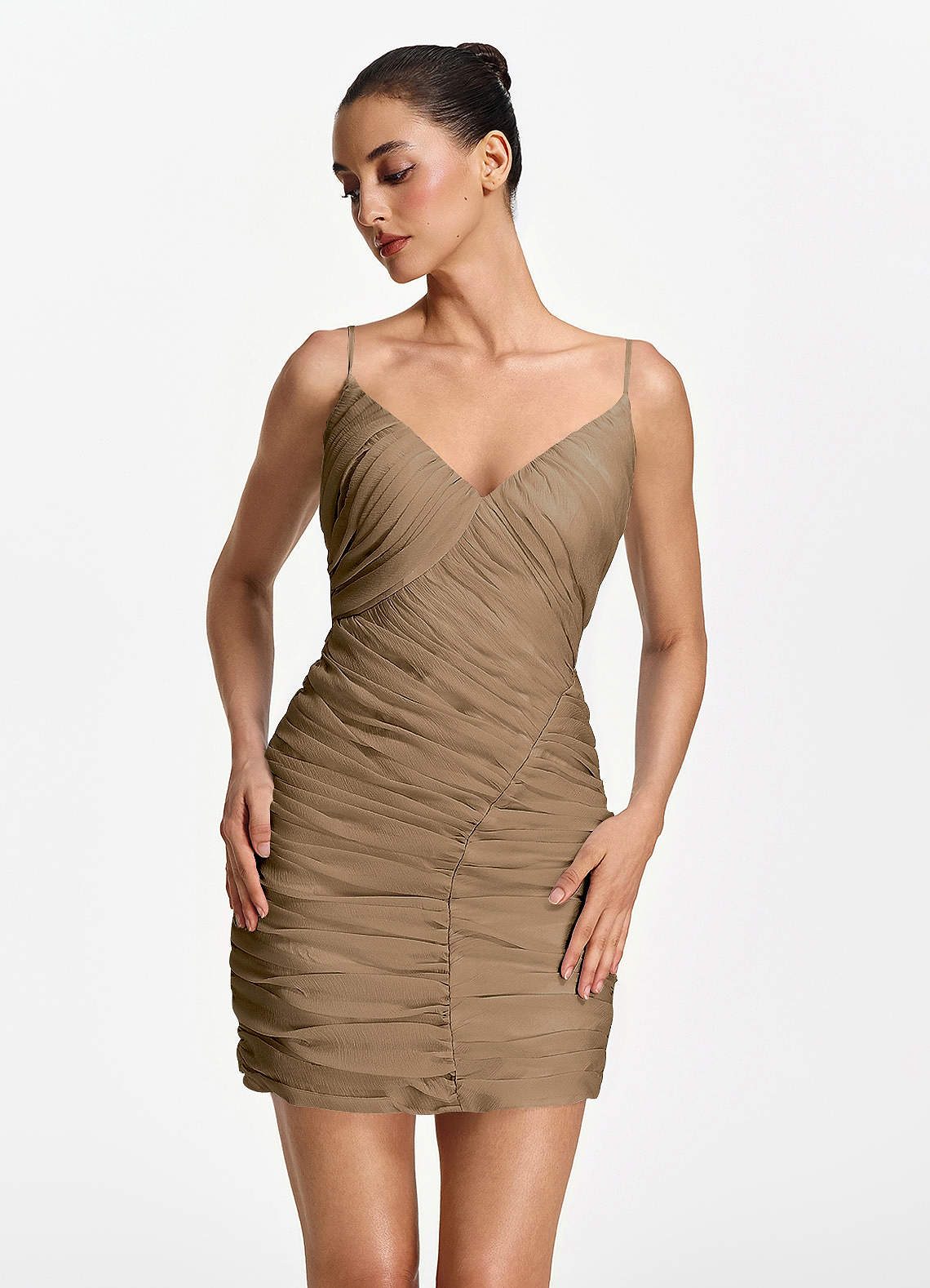 Isoldeanna Bodycon Mini V-Neck Mesh Prom Dress in Brown