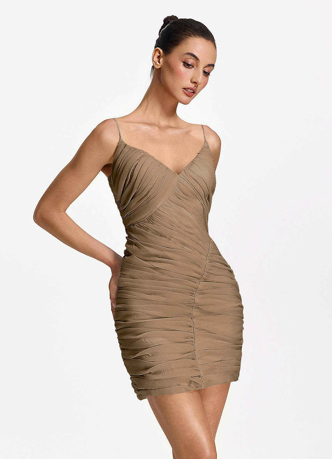 Isoldeanna Bodycon Mini V-Neck Mesh Prom Dress in Brown