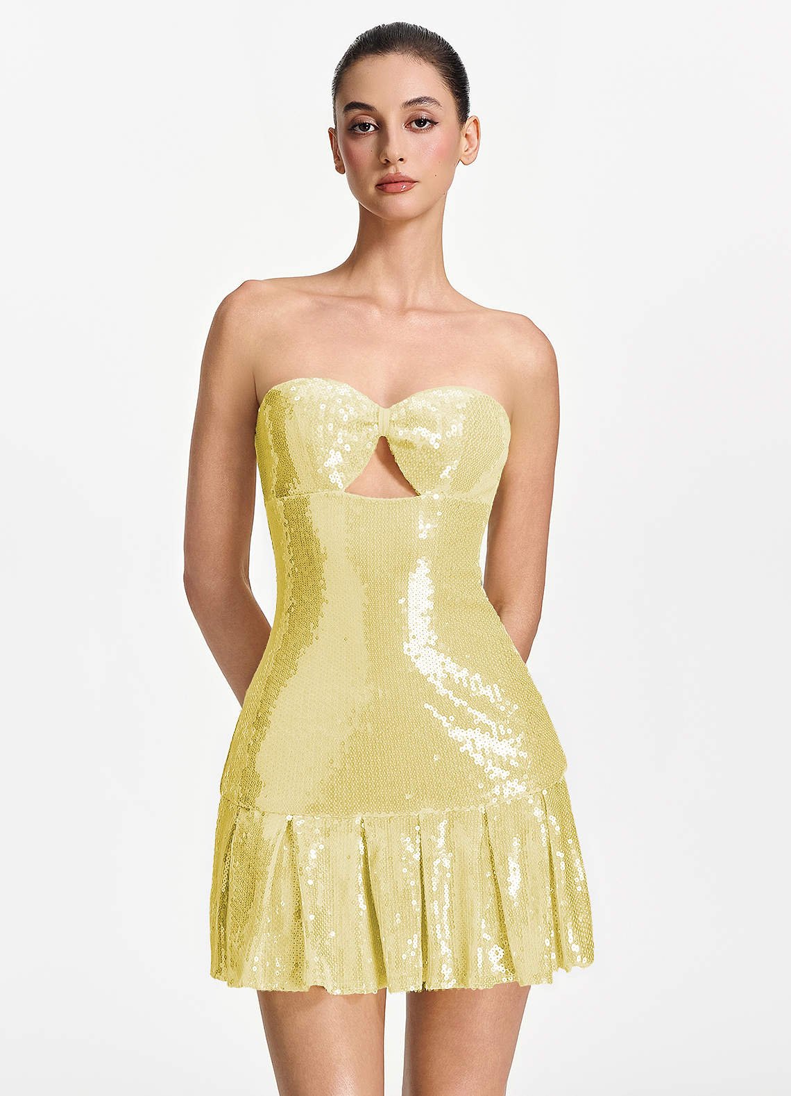 Isoline Fit-and-Flare Mini Strapless Sequined Tulle Prom Dress in Lemon Sorbet