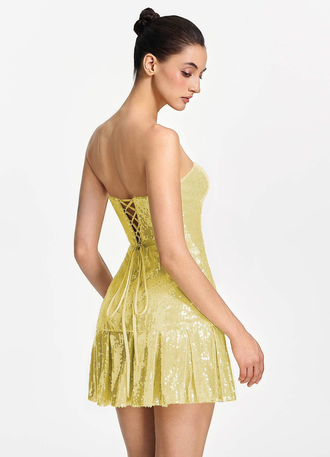 Isoline Fit-and-Flare Mini Strapless Sequined Tulle Prom Dress in Lemon Sorbet