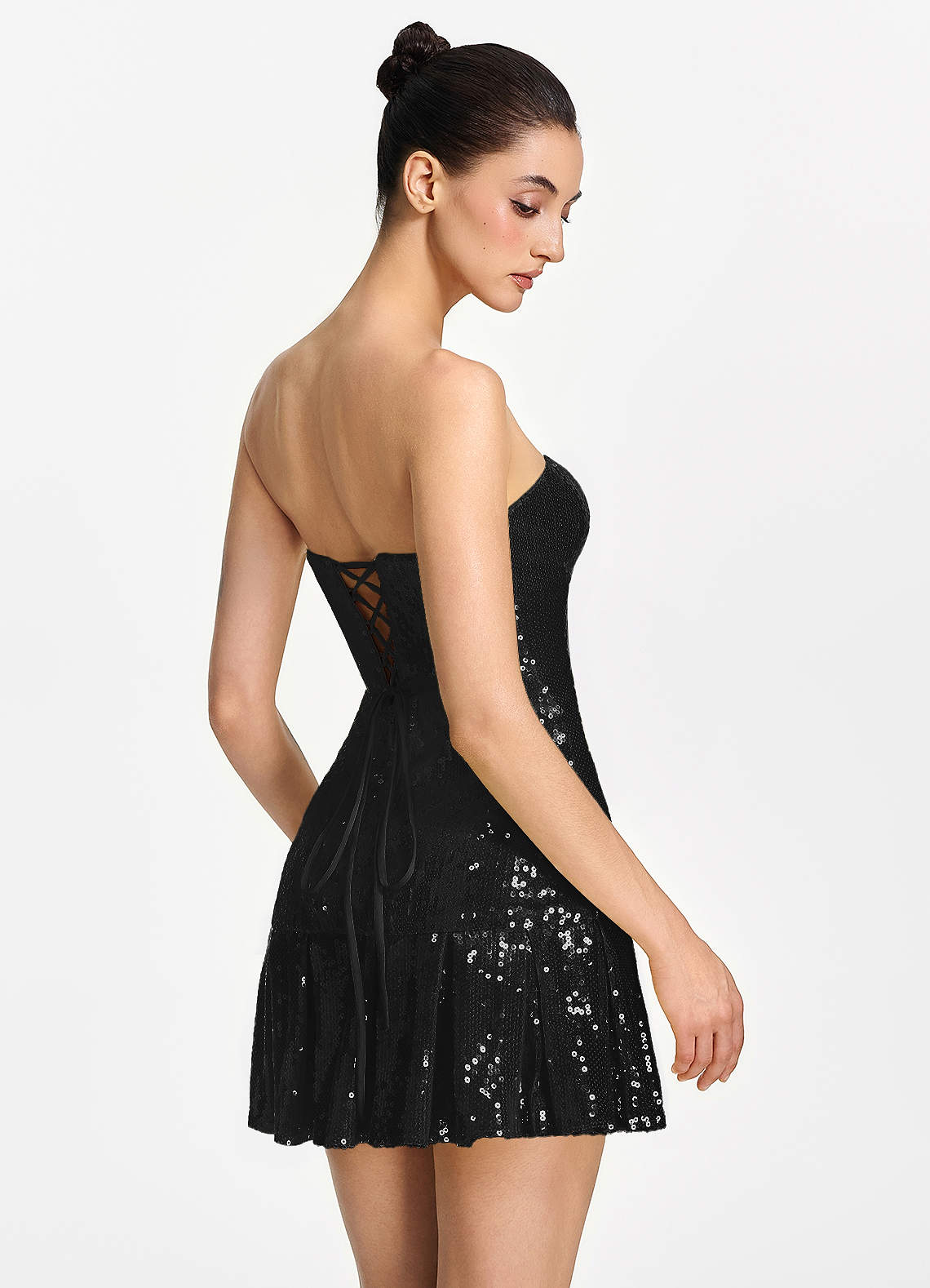 Isoline Fit-and-Flare Mini Strapless Sequined Tulle Prom Dress in black