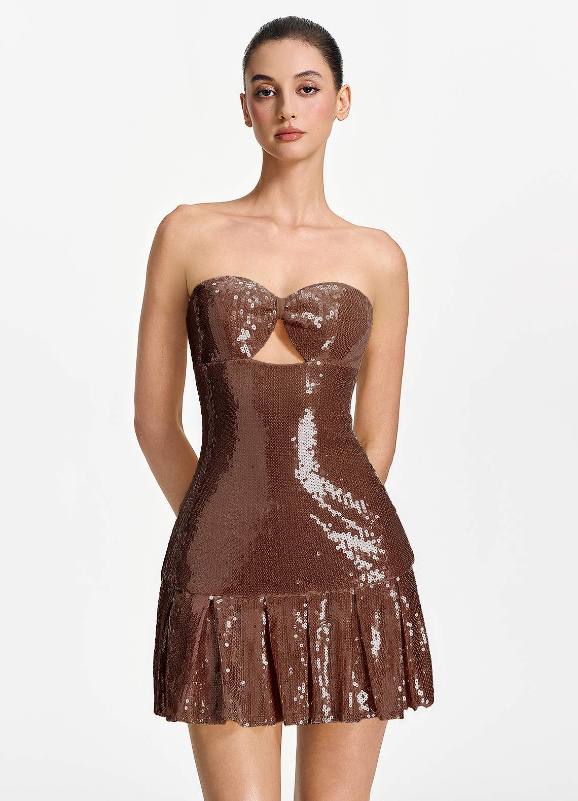 Isoline Fit-and-Flare Mini Strapless Sequined Tulle Prom Dress in Coco