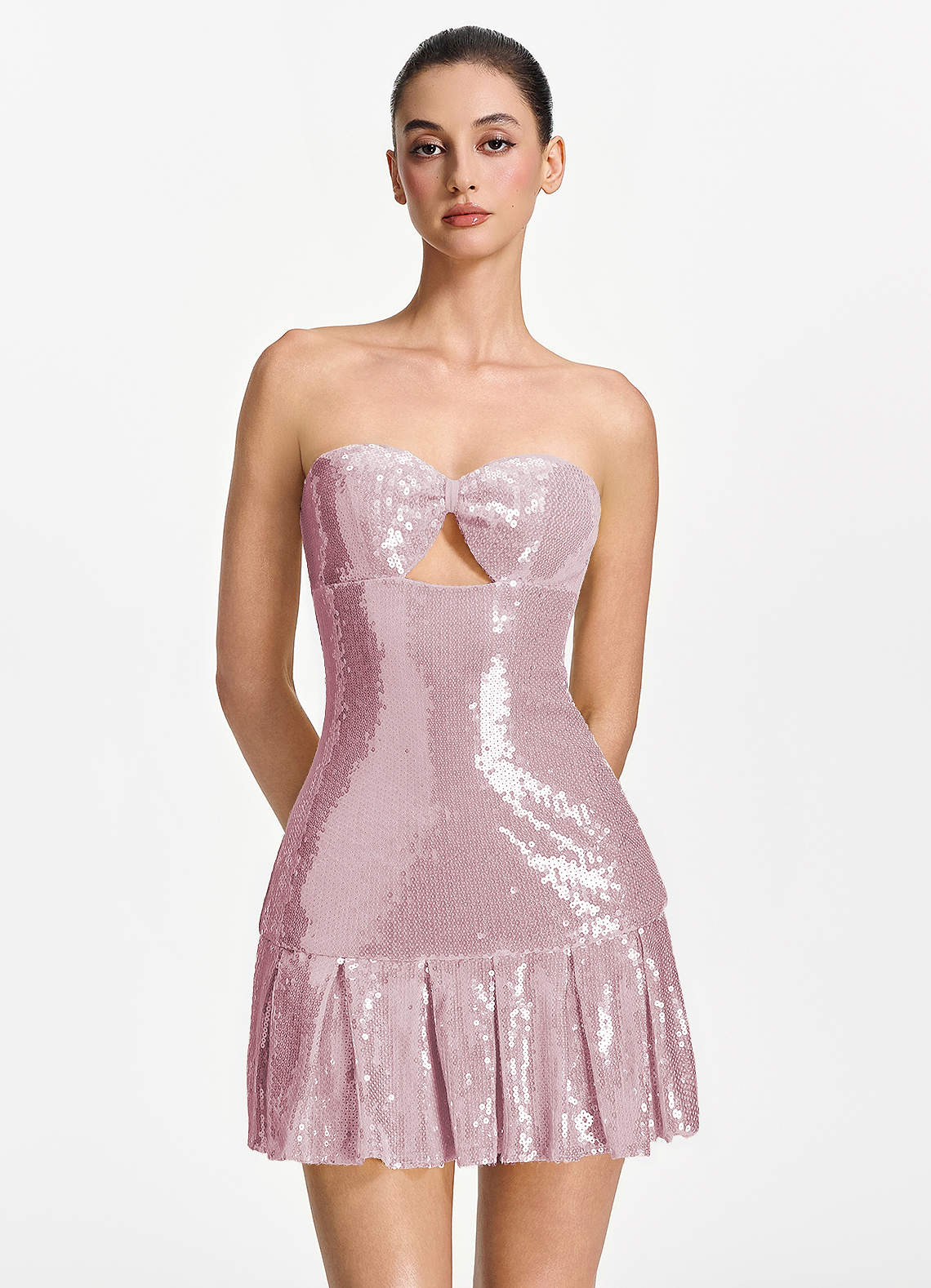 Isoline Fit-and-Flare Mini Strapless Sequined Tulle Prom Dress in Dusty Pink