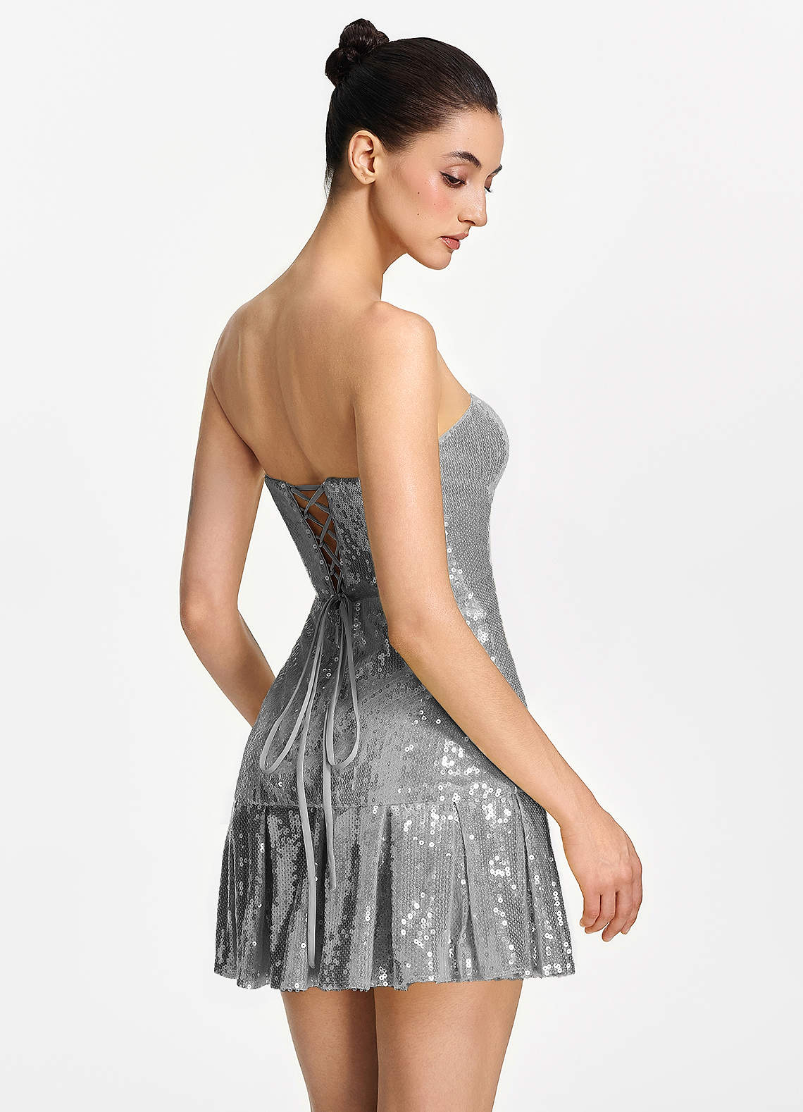 Isoline Fit-and-Flare Mini Strapless Sequined Tulle Prom Dress in Silver