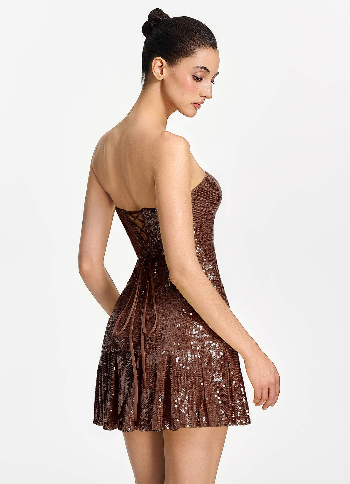 Isoline Fit-and-Flare Mini Strapless Sequined Tulle Prom Dress in Coco