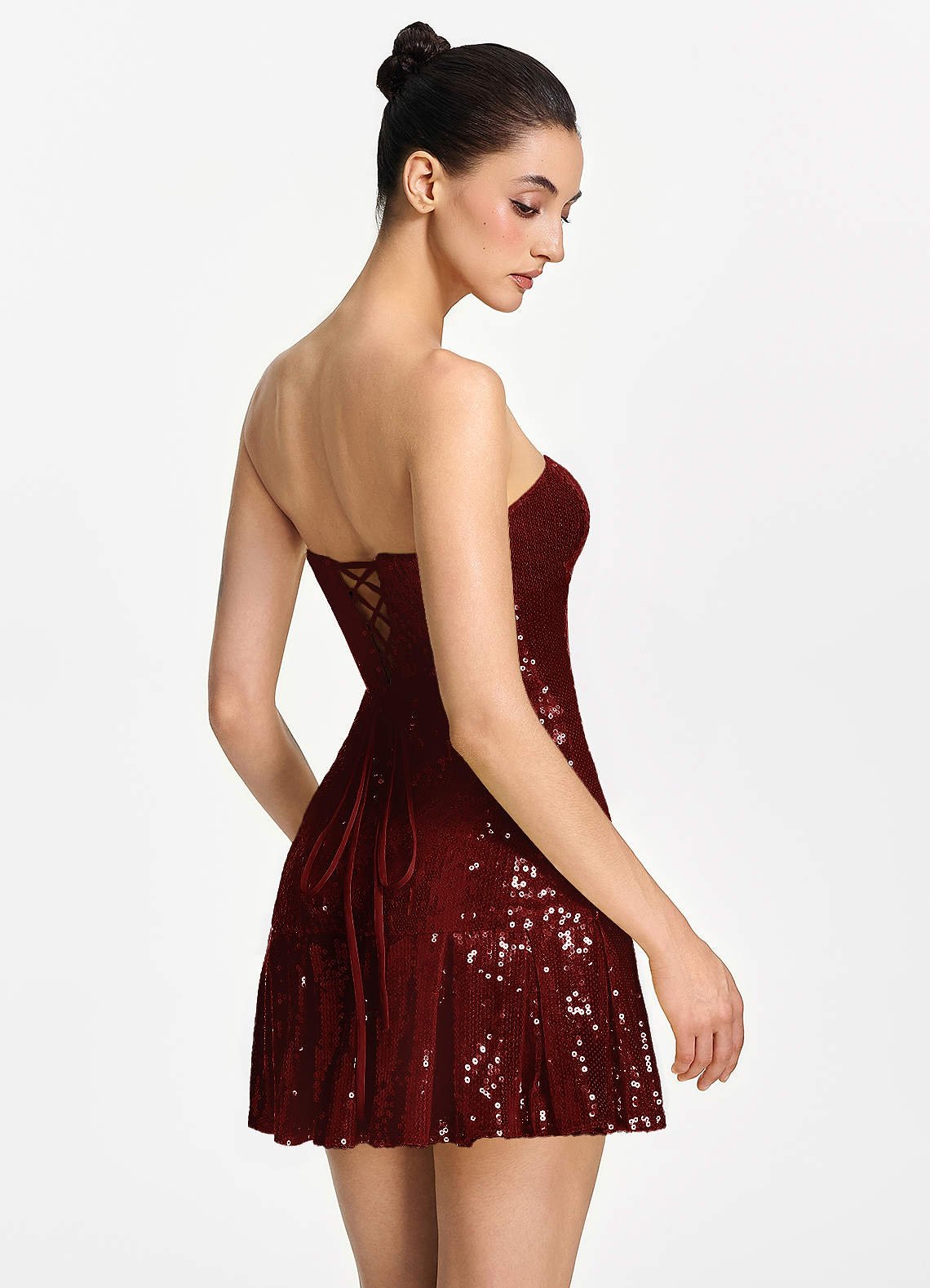 Isoline Fit-and-Flare Mini Strapless Sequined Tulle Prom Dress in Burgundy