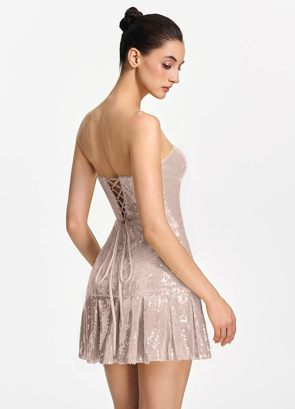 Isoline Fit-and-Flare Mini Strapless Sequined Tulle Prom Dress in Pink