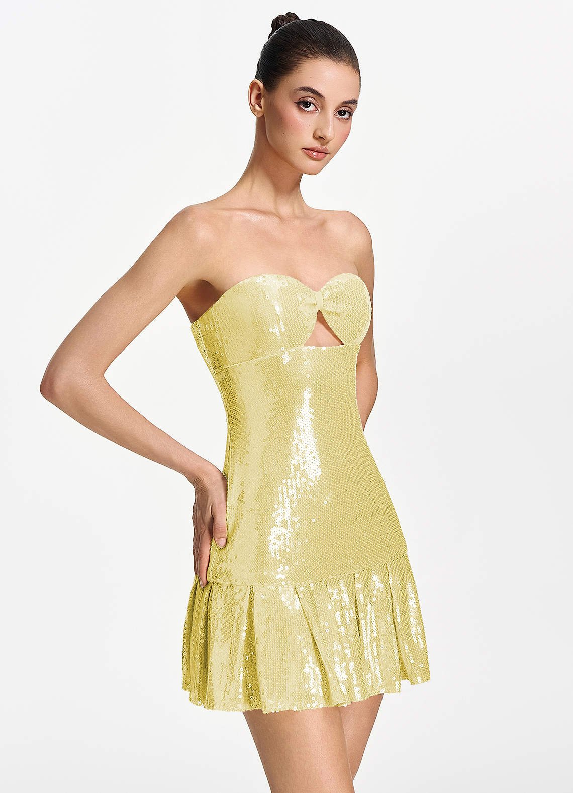Isoline Fit-and-Flare Mini Strapless Sequined Tulle Prom Dress in Lemon Sorbet