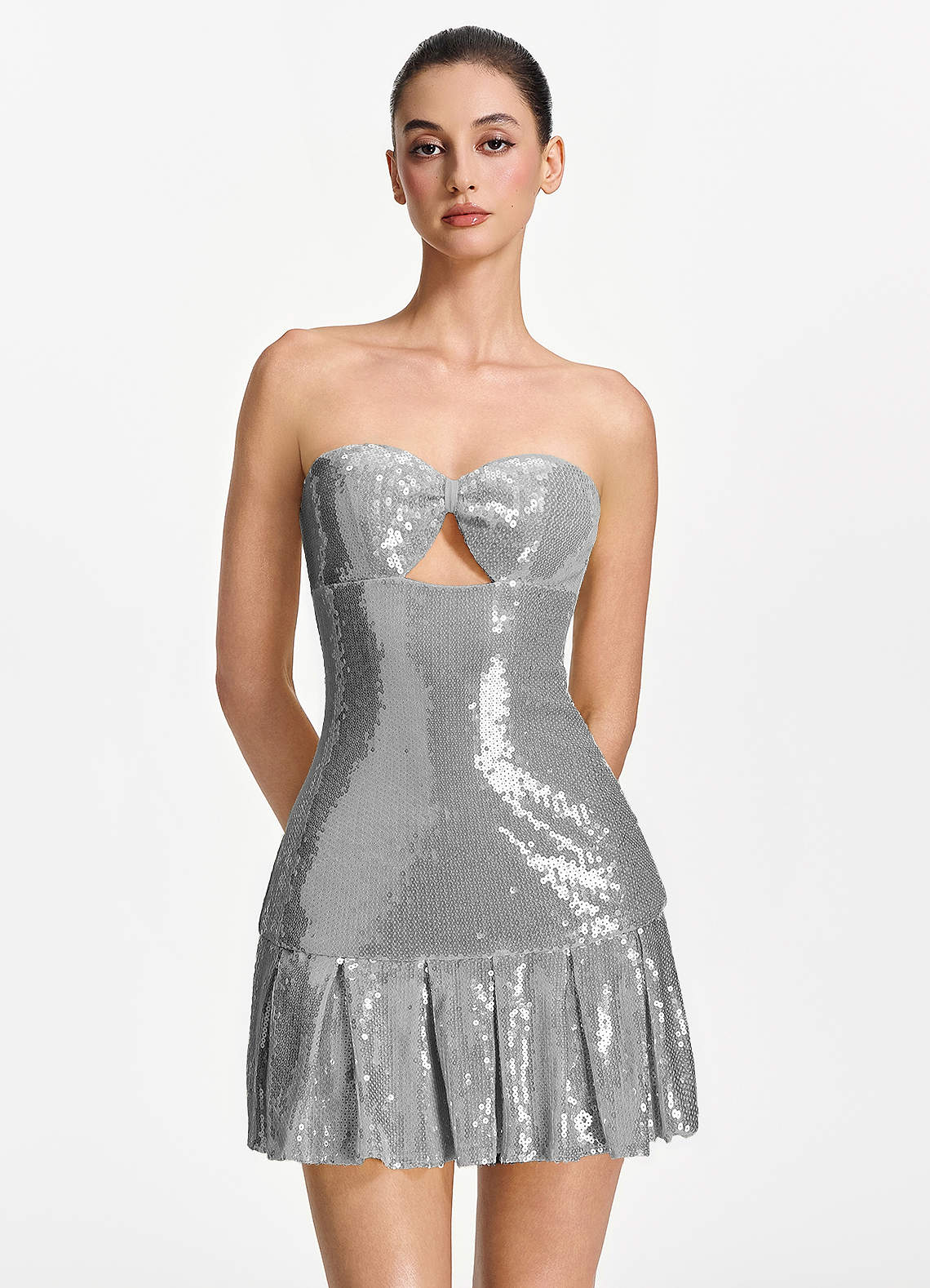 Isoline Fit-and-Flare Mini Strapless Sequined Tulle Prom Dress in Silver