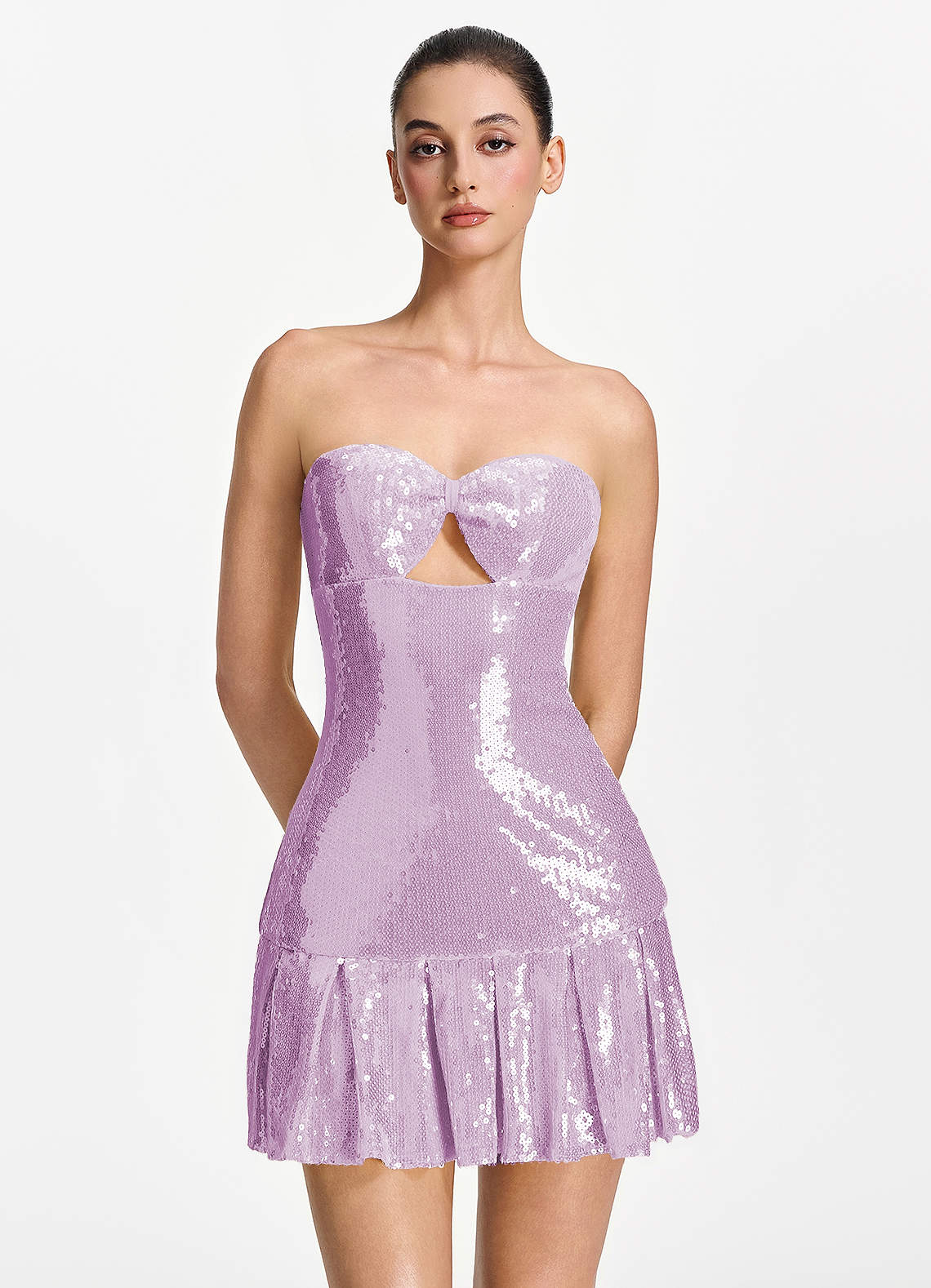 Isoline Fit-and-Flare Mini Strapless Sequined Tulle Prom Dress in Lilac