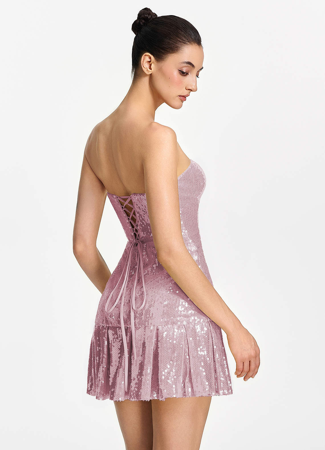 Isoline Fit-and-Flare Mini Strapless Sequined Tulle Prom Dress in Dusty Pink