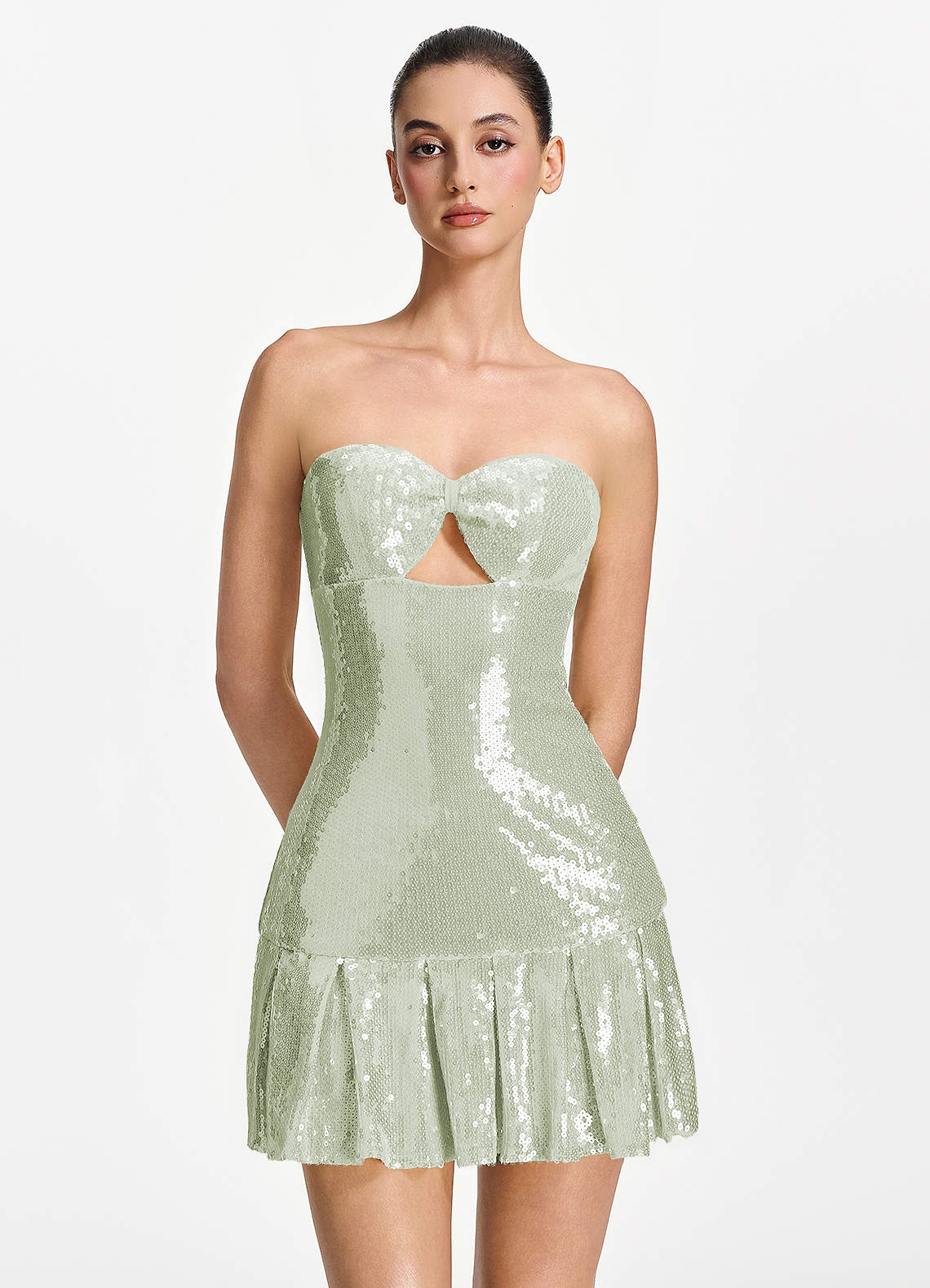 Isoline Fit-and-Flare Mini Strapless Sequined Tulle Prom Dress in Light green