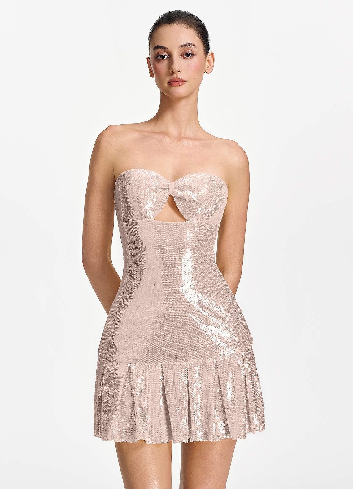 Isoline Fit-and-Flare Mini Strapless Sequined Tulle Prom Dress in Pink