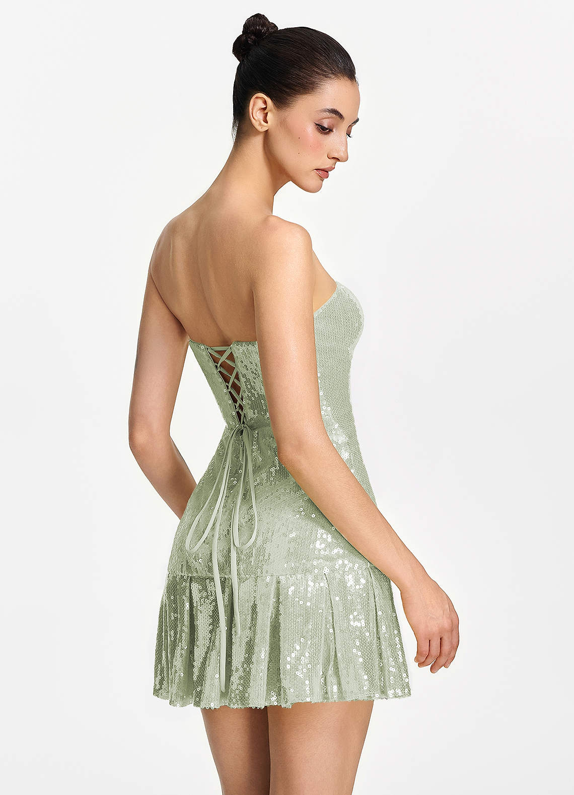 Isoline Fit-and-Flare Mini Strapless Sequined Tulle Prom Dress in Light green