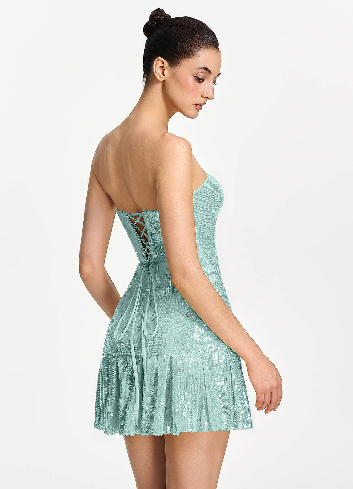 Isoline Fit-and-Flare Mini Strapless Sequined Tulle Prom Dress in Lake Blue