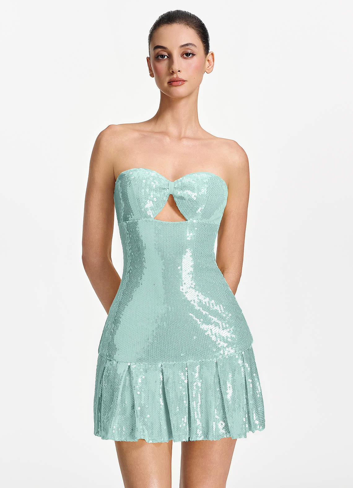 Isoline Fit-and-Flare Mini Strapless Sequined Tulle Prom Dress in Lake Blue