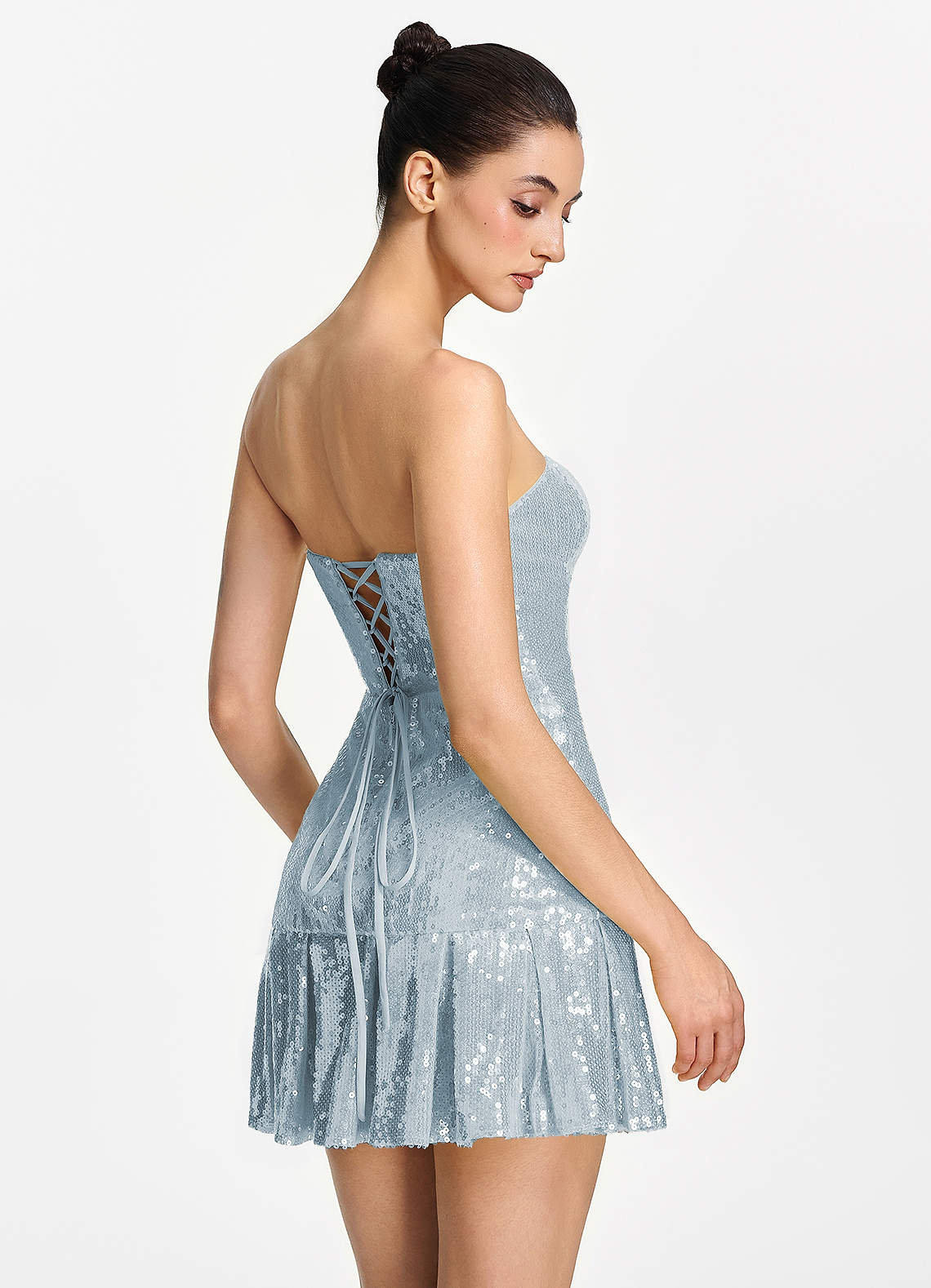 Isoline Fit-and-Flare Mini Strapless Sequined Tulle Prom Dress in Sky Blue