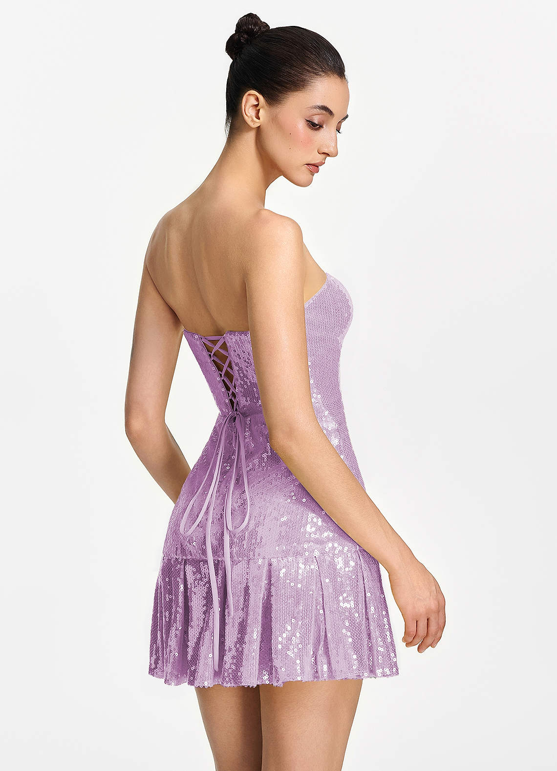 Isoline Fit-and-Flare Mini Strapless Sequined Tulle Prom Dress in Lilac