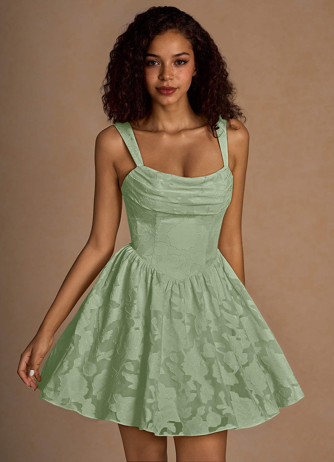 Ivy A-Line Cowl-Neck Floral Burnout Prom Dress in Agave Green
