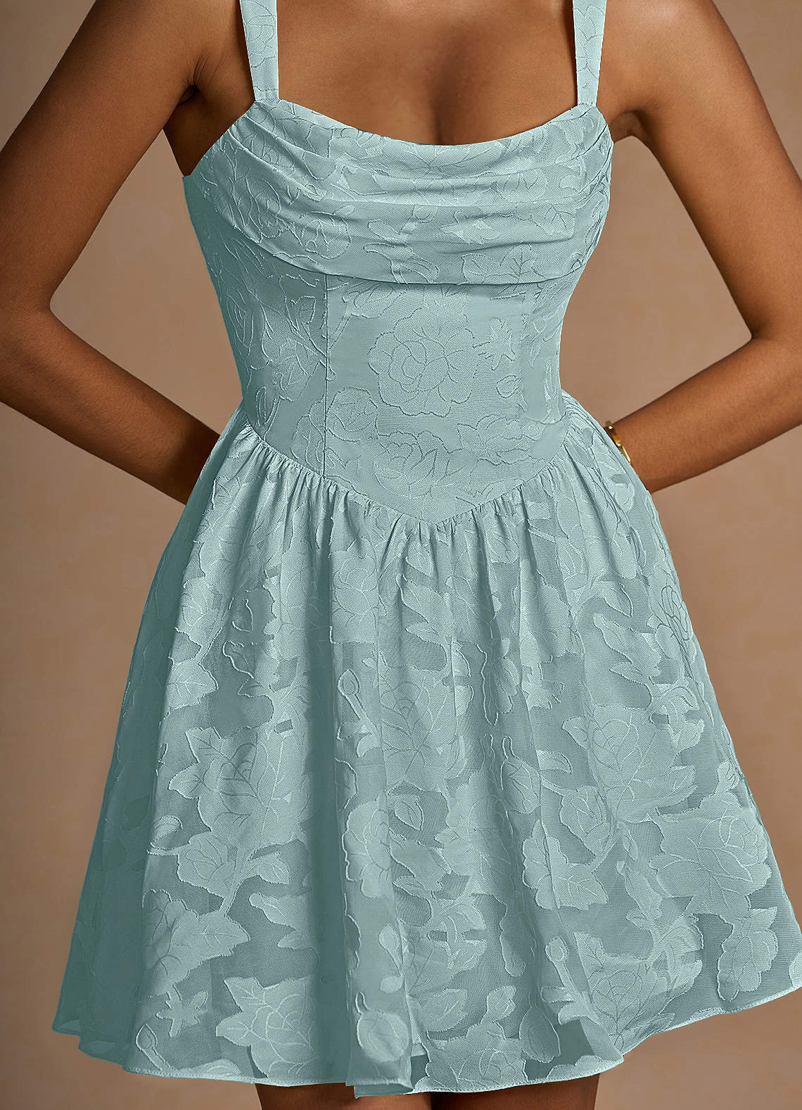 Ivy A-Line Cowl-Neck Floral Burnout Prom Dress in Mist