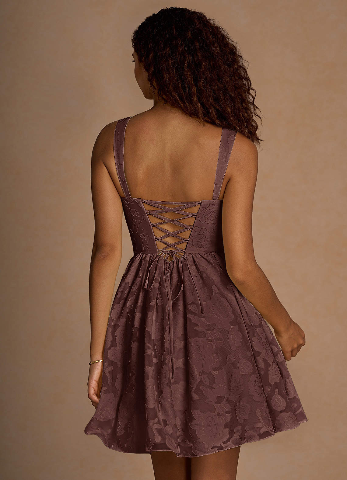 Ivy A-Line Cowl-Neck Floral Burnout Prom Dress in Mocha Coco