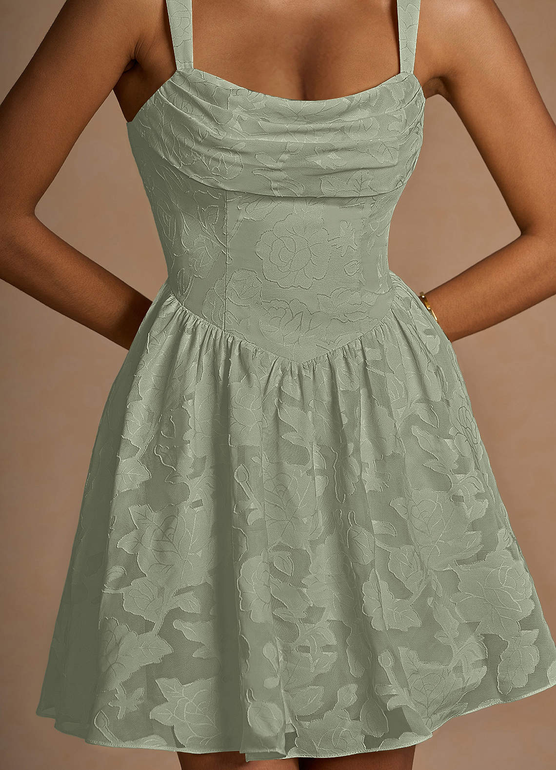 Ivy A-Line Cowl-Neck Floral Burnout Prom Dress in Agave Green