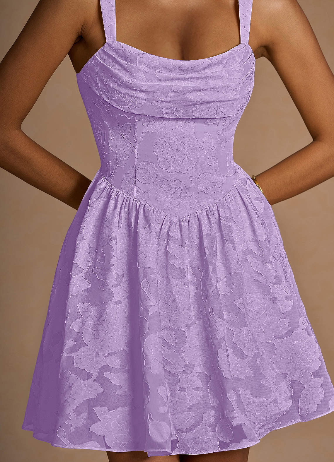 Ivy A-Line Cowl-Neck Floral Burnout Prom Dress in Lilac