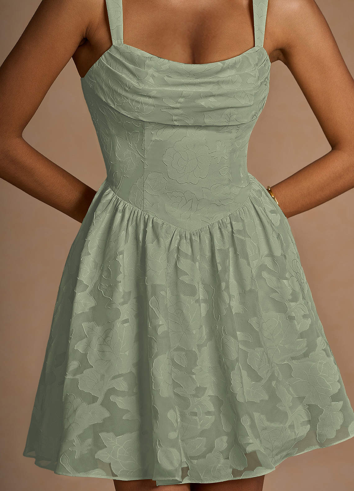 Ivy A-Line Cowl-Neck Floral Burnout Prom Dress in Pistachio