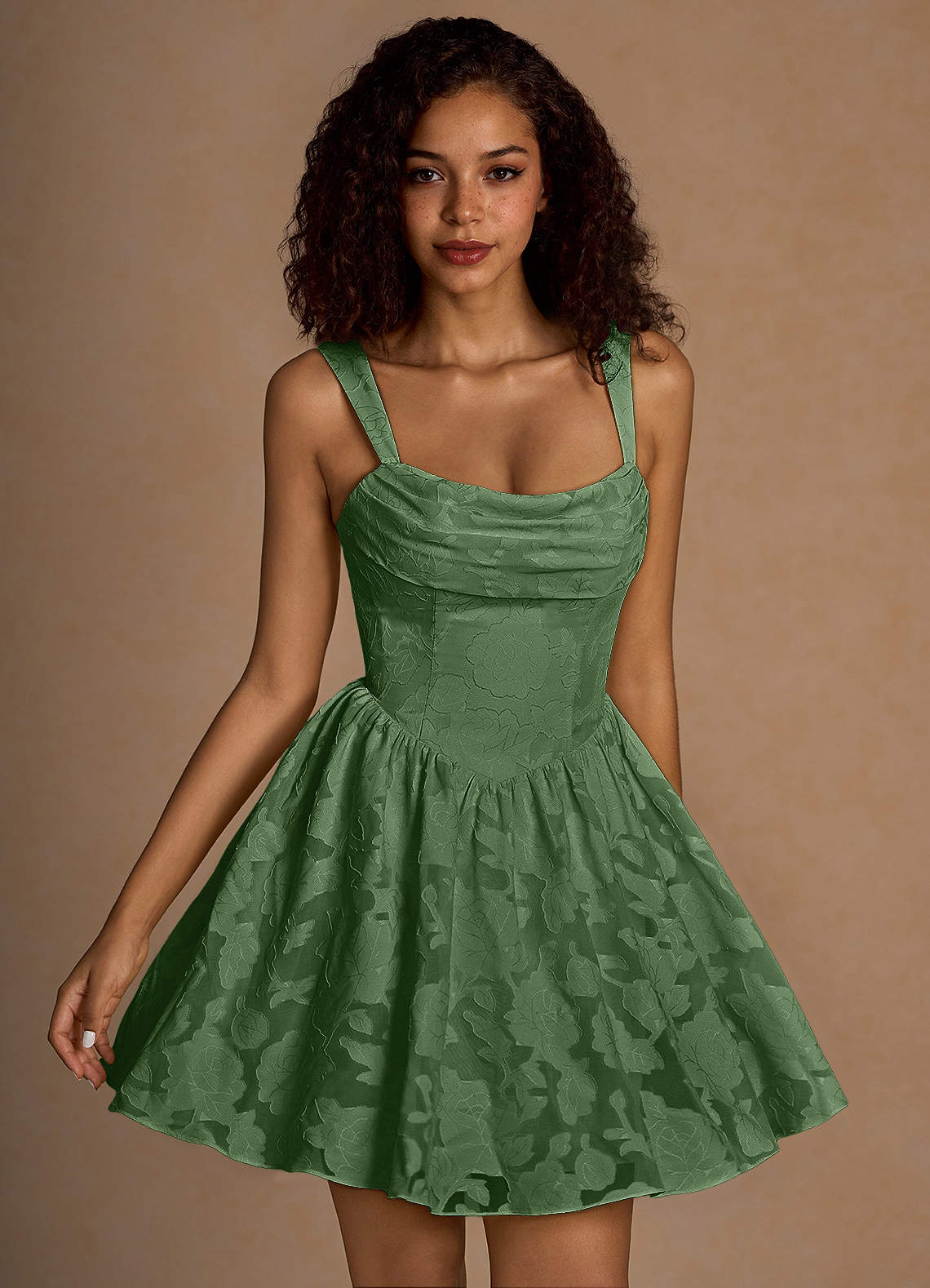 Ivy A-Line Cowl-Neck Floral Burnout Prom Dress in Agave Green