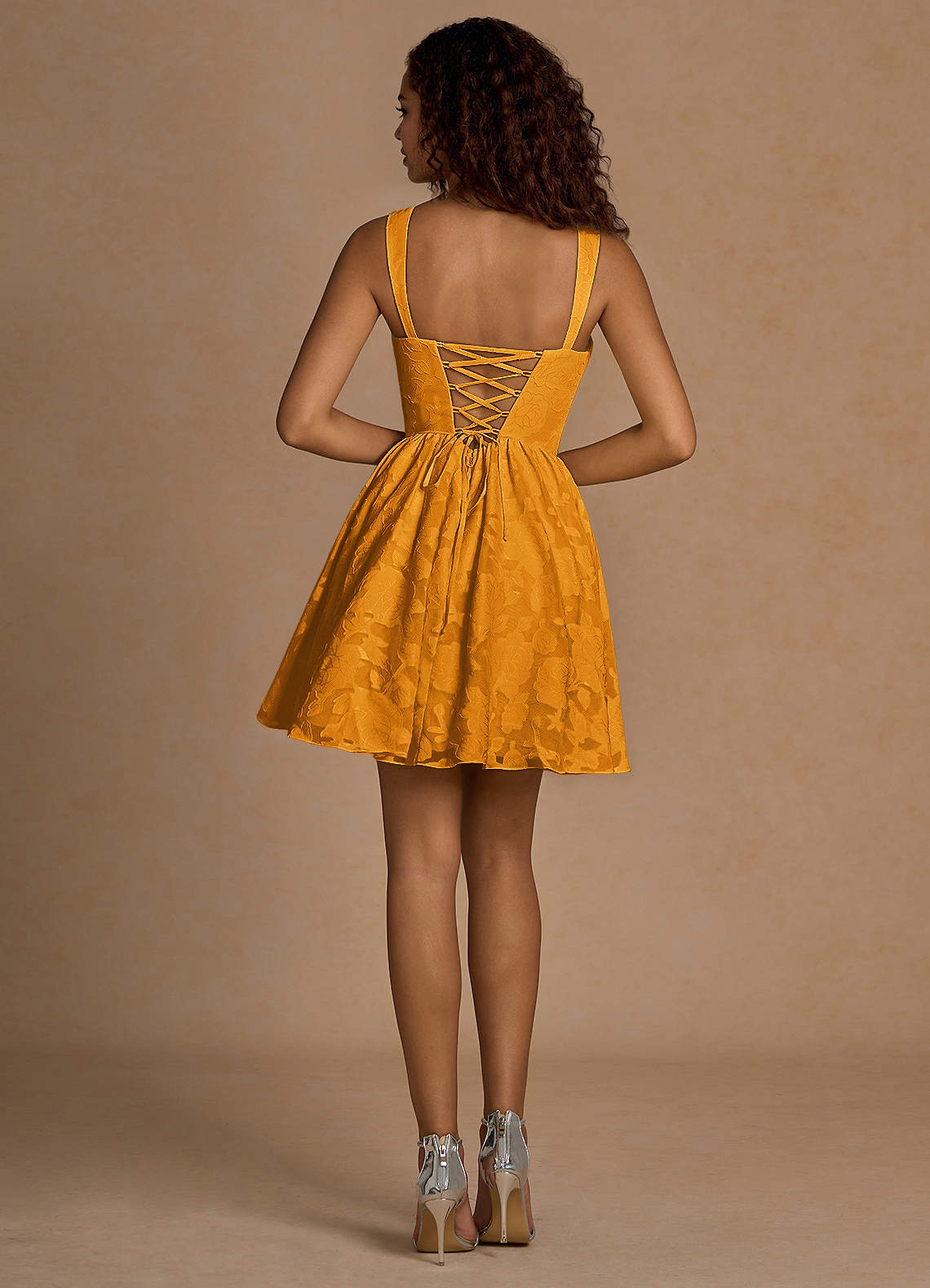 Ivy A-Line Cowl-Neck Floral Burnout Prom Dress in butterscotch