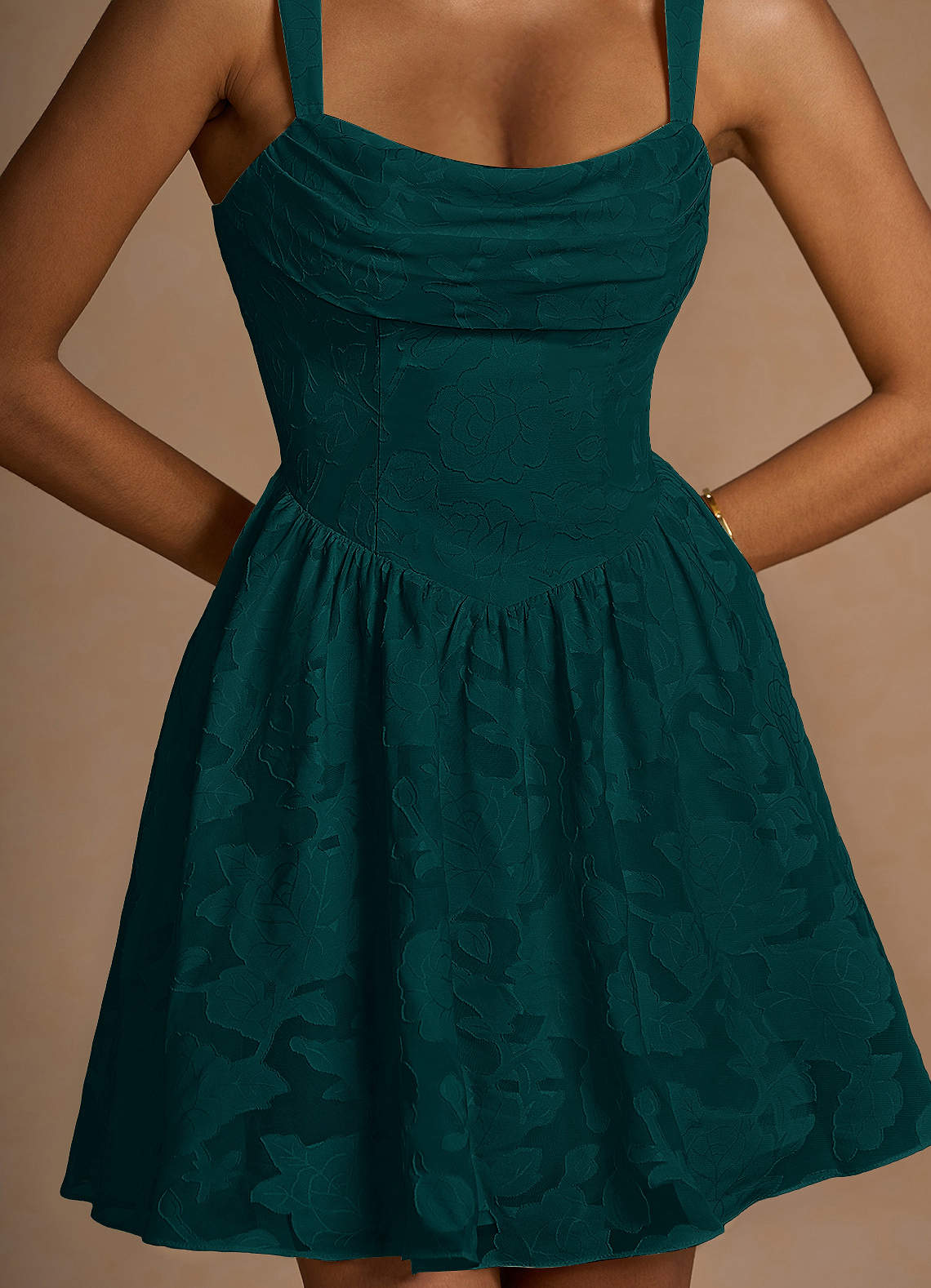 Ivy A-Line Cowl-Neck Floral Burnout Prom Dress in Forest Green